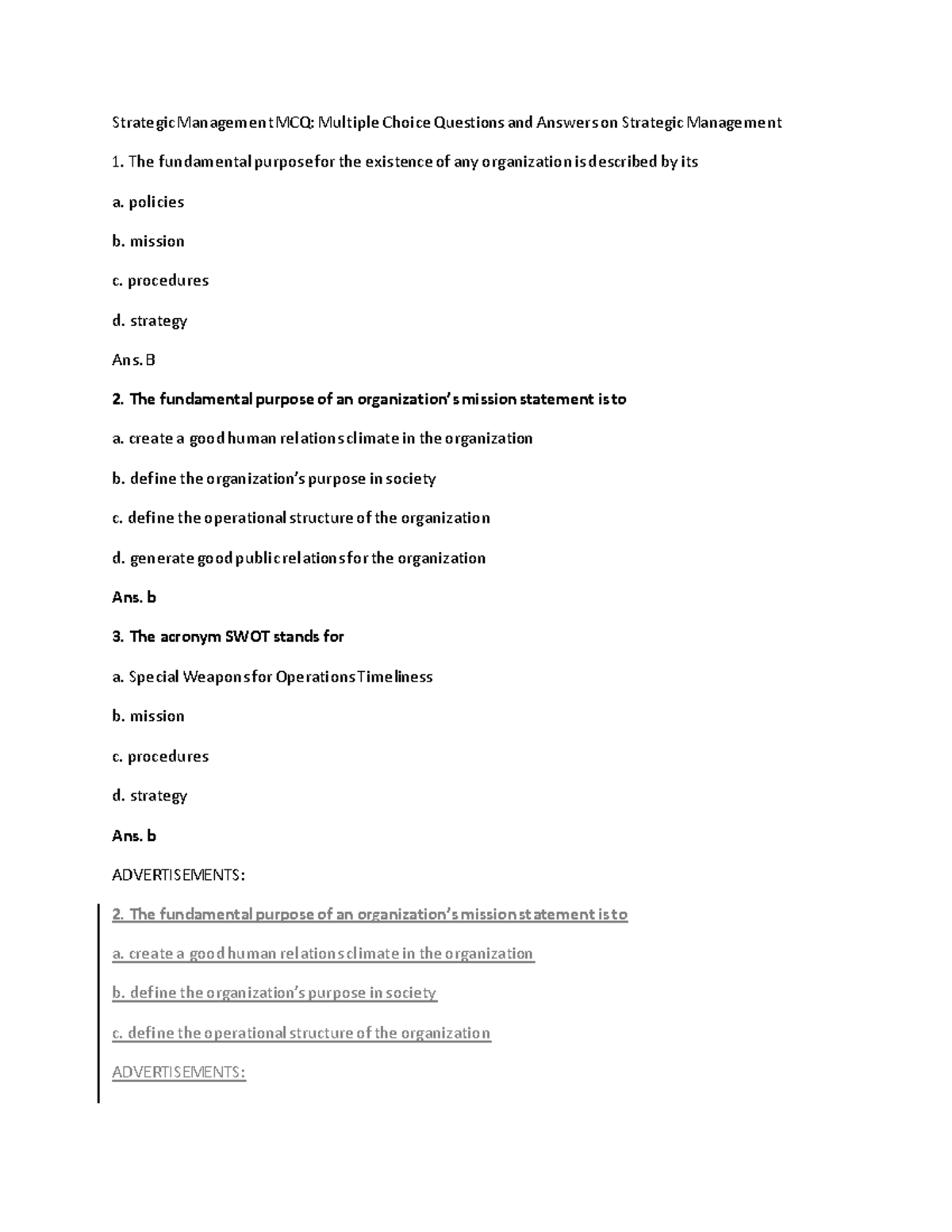 Strategic Management MCQ - Policies B. Mission C. Procedures D ...