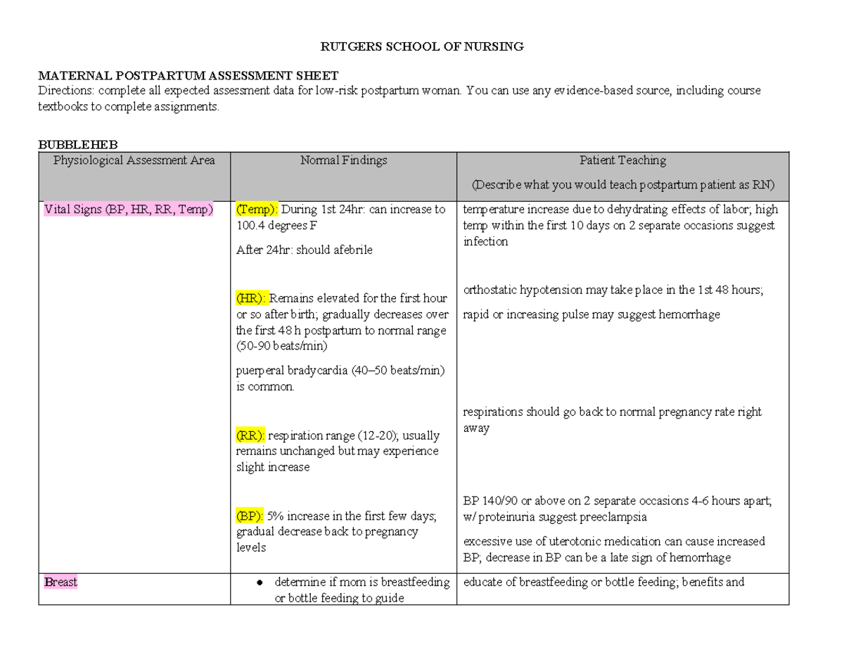 Postpartum Assessment Assignment (1) - RUTGERS SCHOOL OF NURSING ...