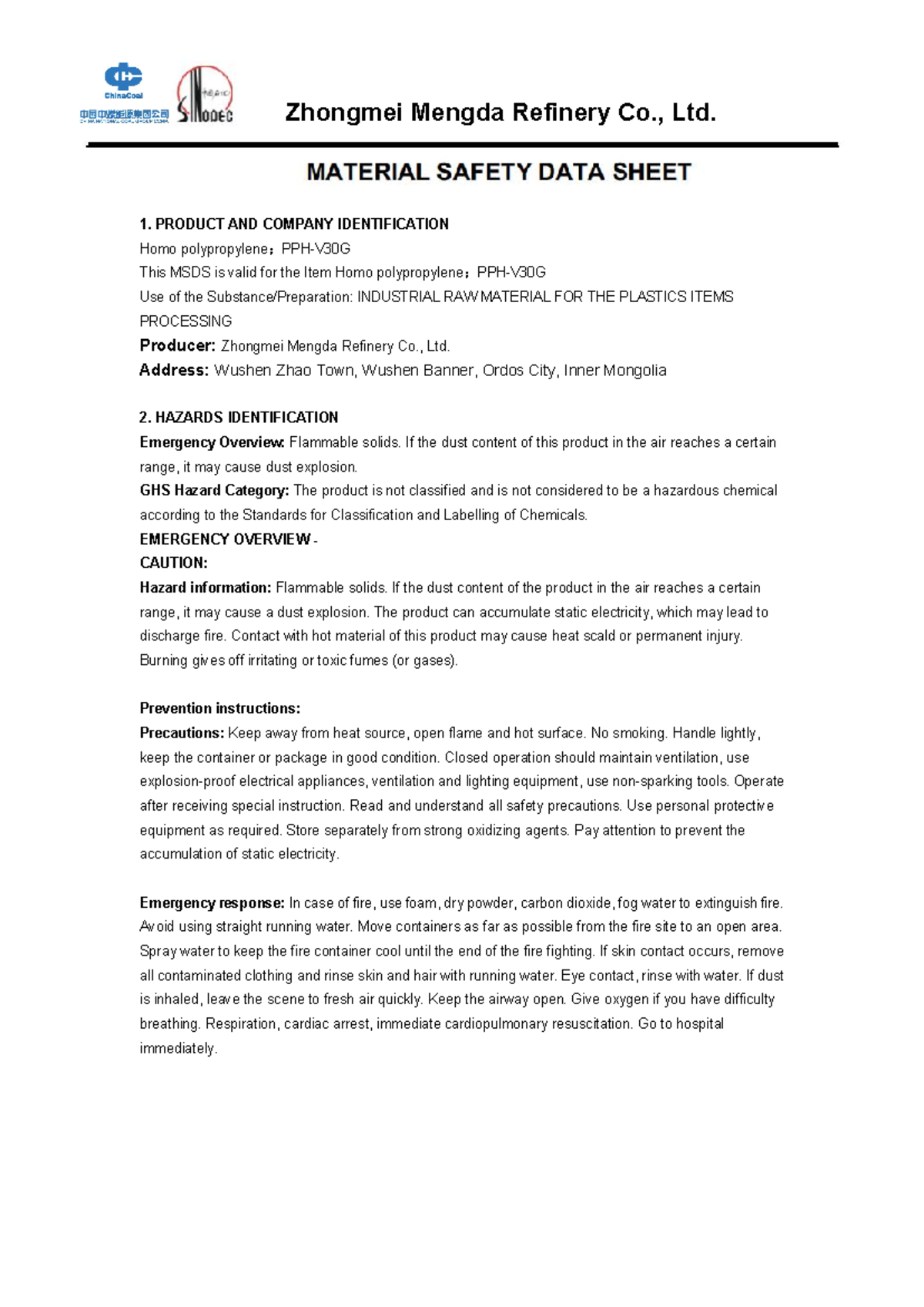MSDS PP homopolímero - LEGISLACION - 1. PRODUCT AND COMPANY ...
