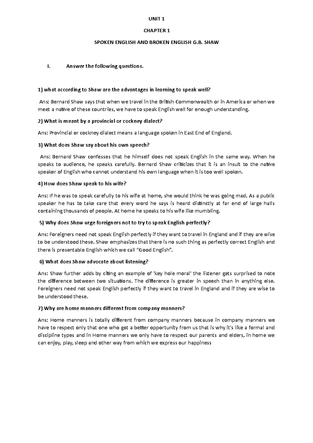 UNIT 1 Notes UNIT 1 CHAPTER 1 SPOKEN ENGLISH AND BROKEN ENGLISH G