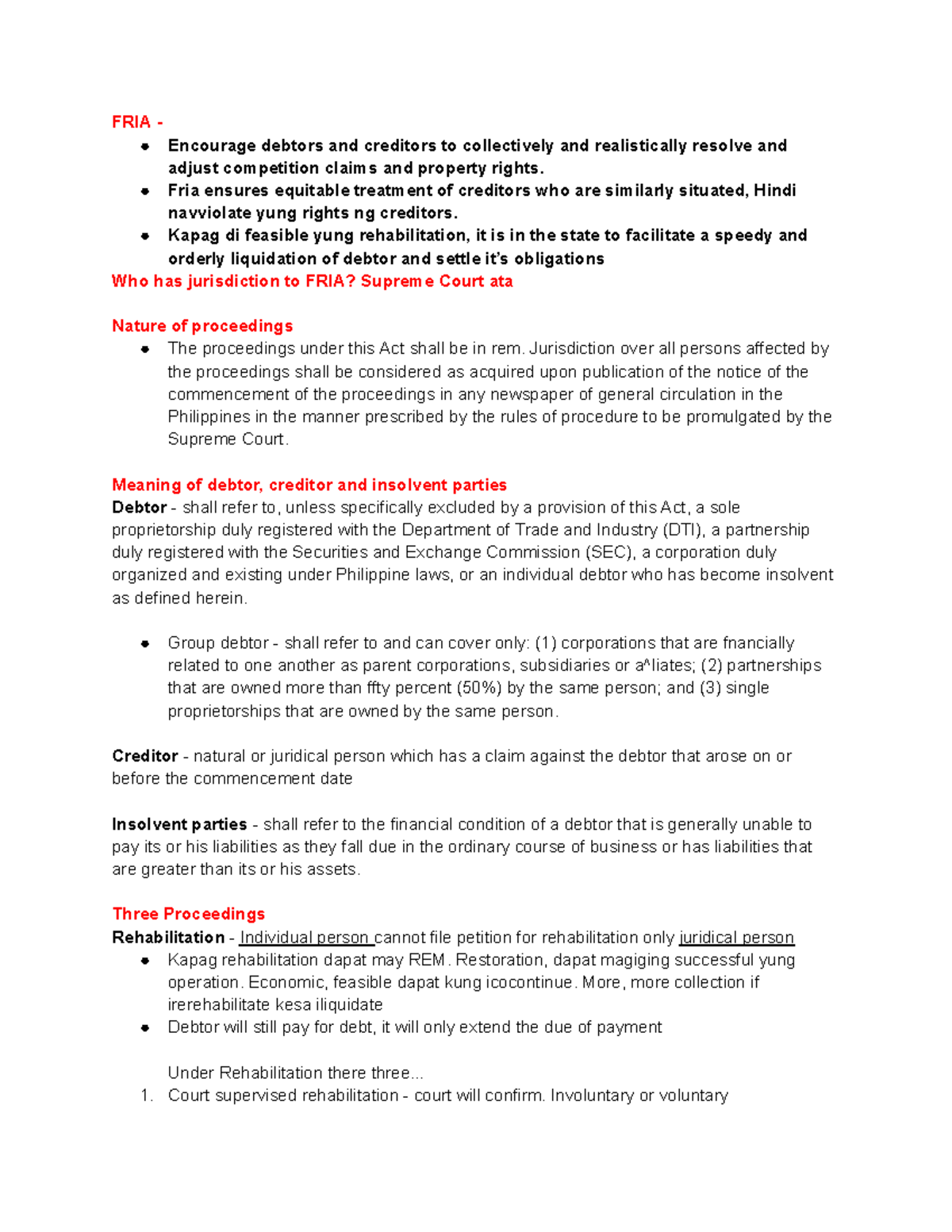 FRIA - Fria notes - FRIA - Encourage debtors and creditors to ...