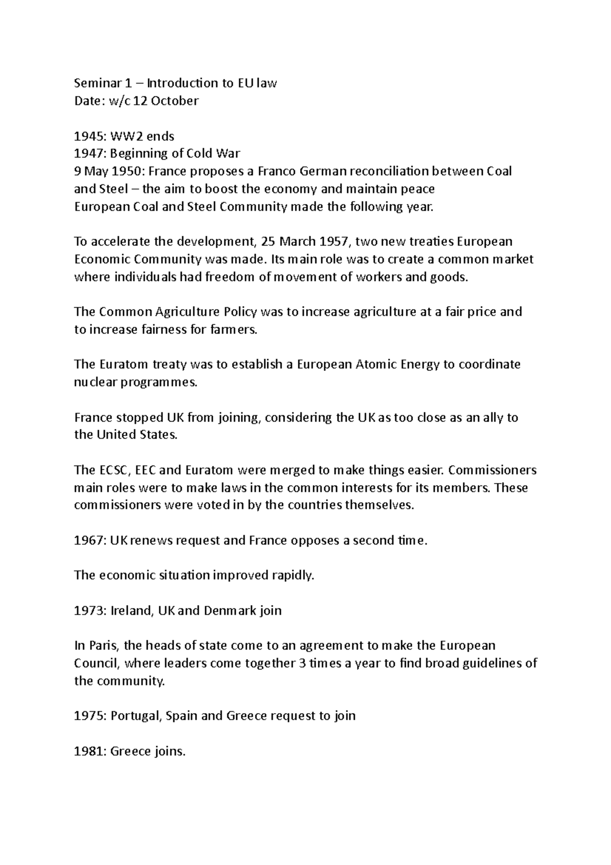 Introduction to EU law - Seminar 1 – Introduction to EU law Date: w/c ...