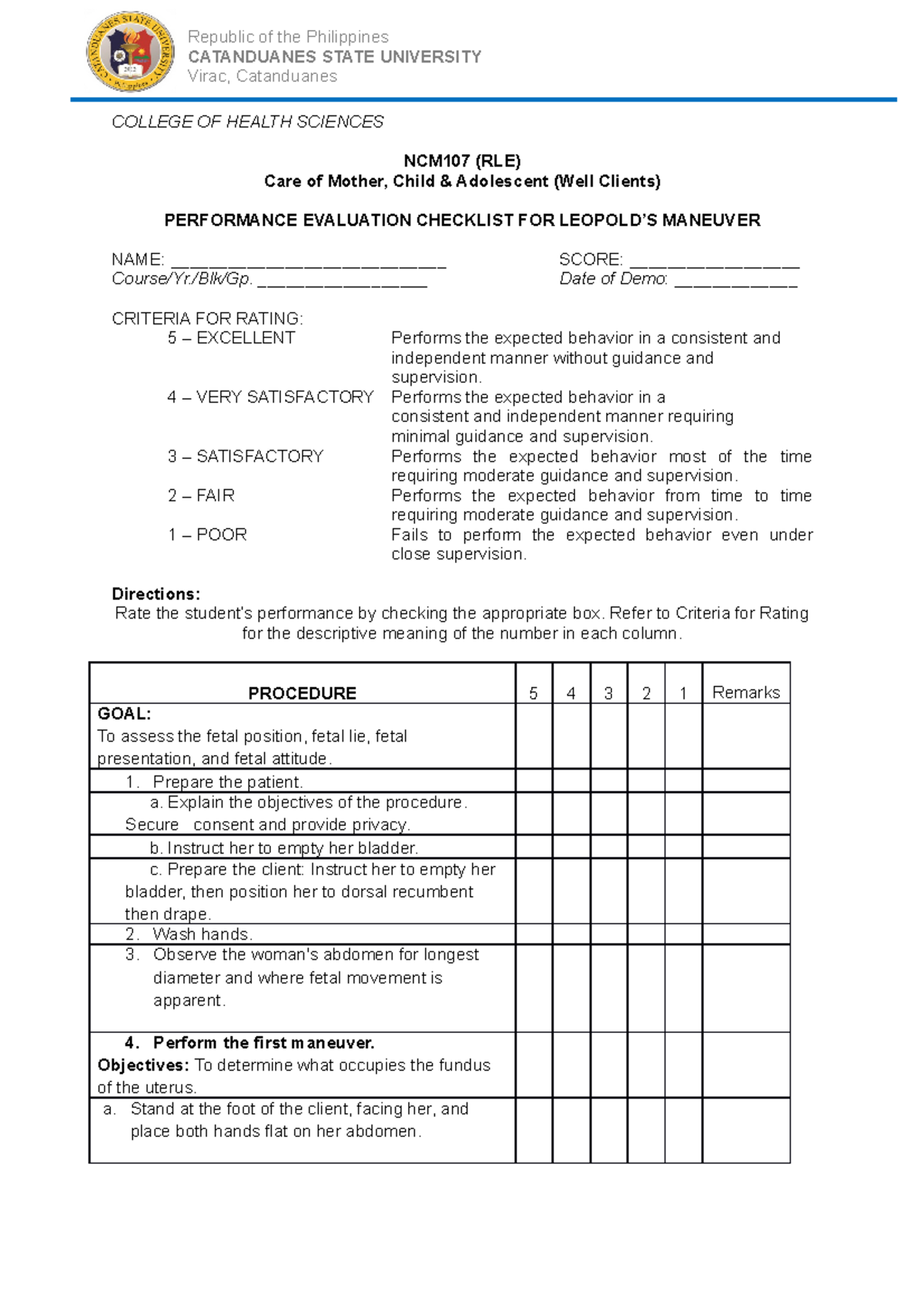 Checklist-Leopolds-Manuever- Final - COLLEGE OF HEALTH SCIENCES NCM107 ...