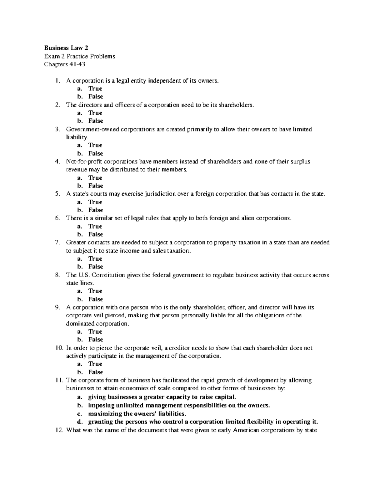 Ch 4143 Practice Questions Spring 2021 Business Law 2 Exam 2