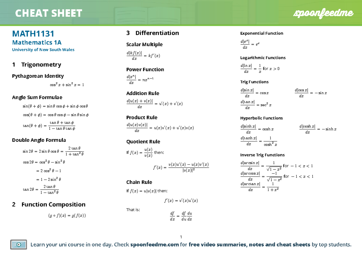 MATH1131 Mathematics 1A (Calculus) Cheatsheet MATH Mathematics1A