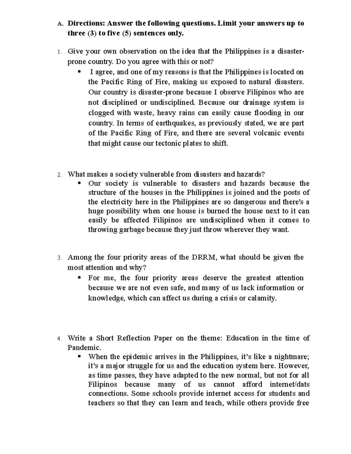 CWTS Number 03 - A. Directions: Answer the following questions. Limit ...