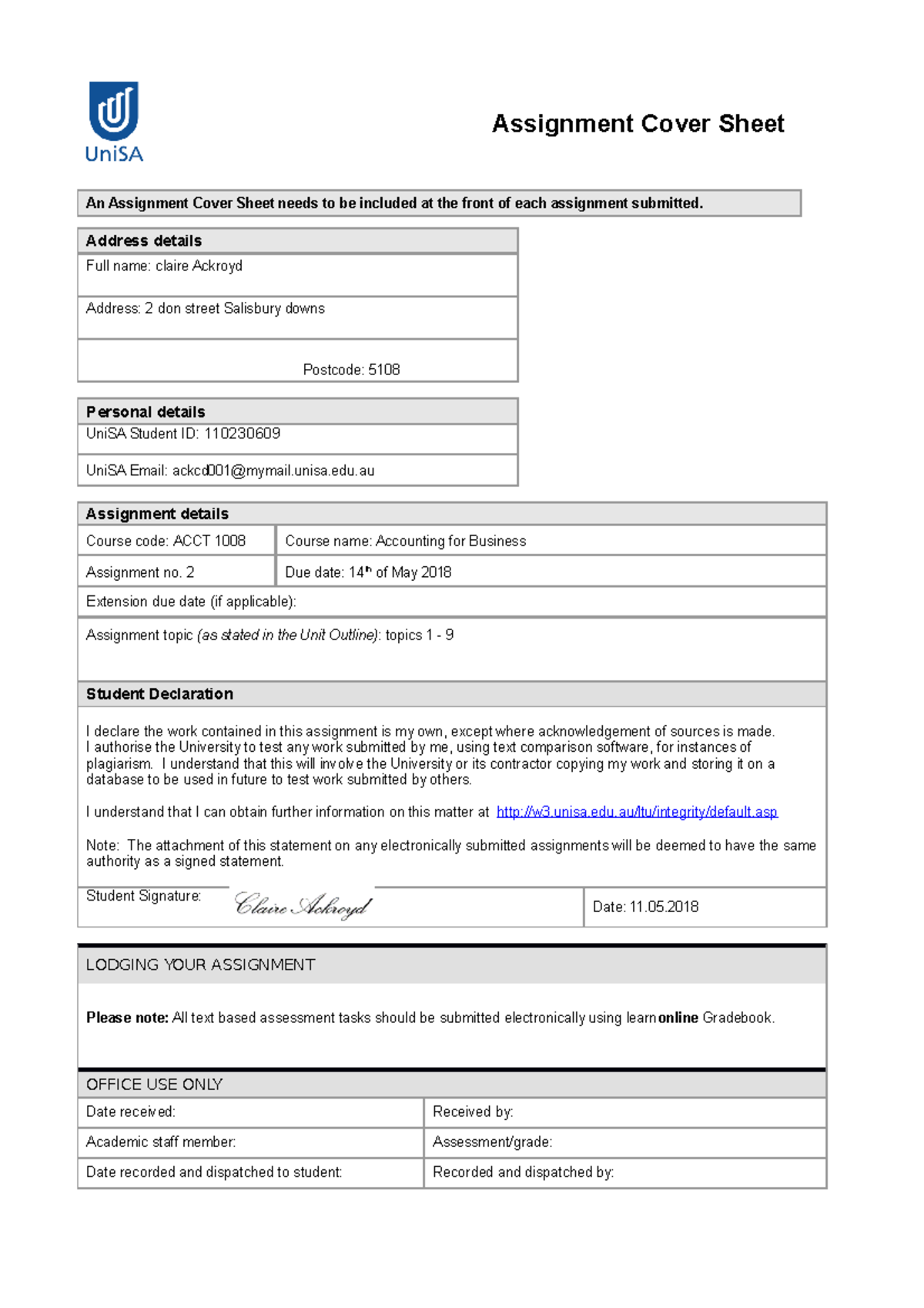 Assignment Part B - Assignment Cover Sheet An Assignment Cover Sheet ...