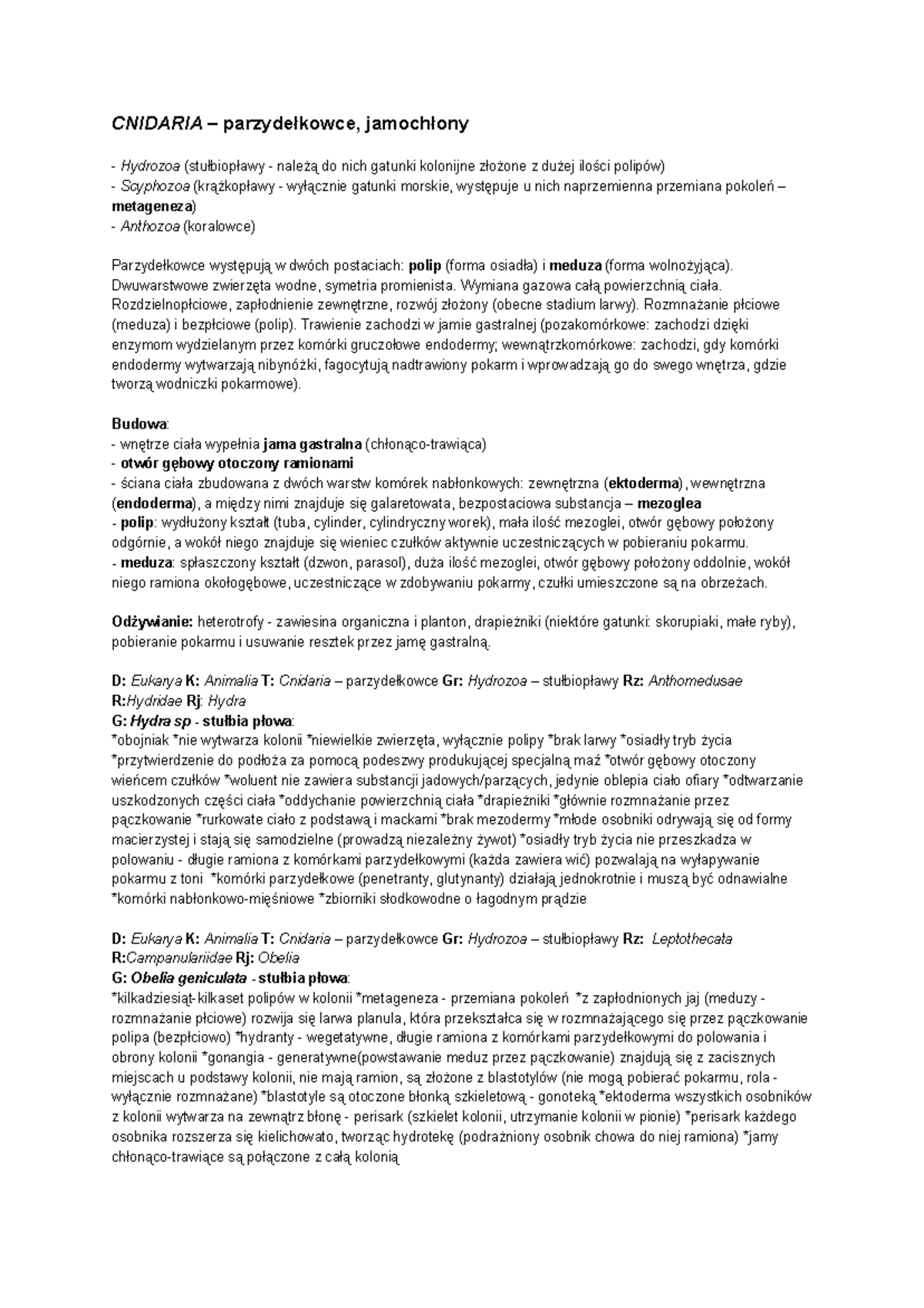 3. Cnidaria - parzydełkowce - CNIDARIA – parzydełkowce, jamochłony ...