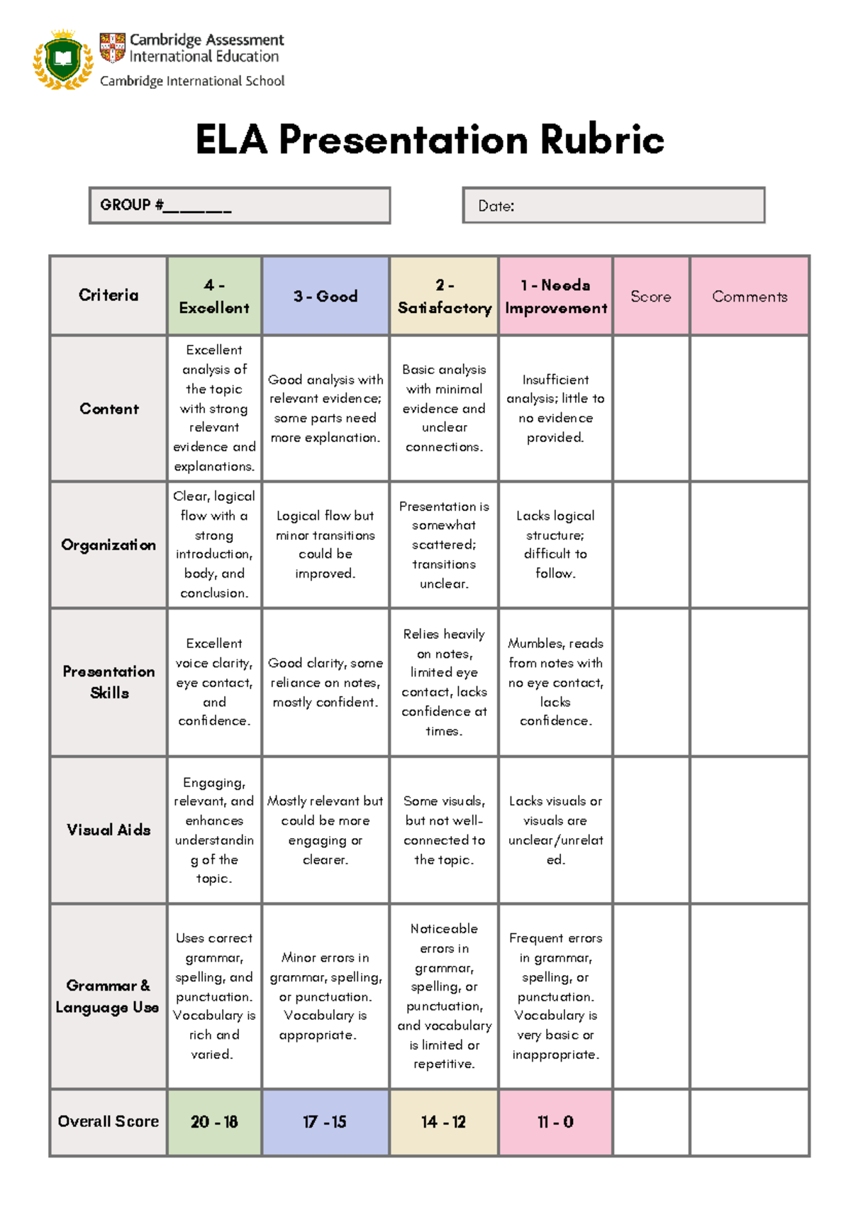 Presentation Rubric for ELA Teachers Document in Colorful Informative