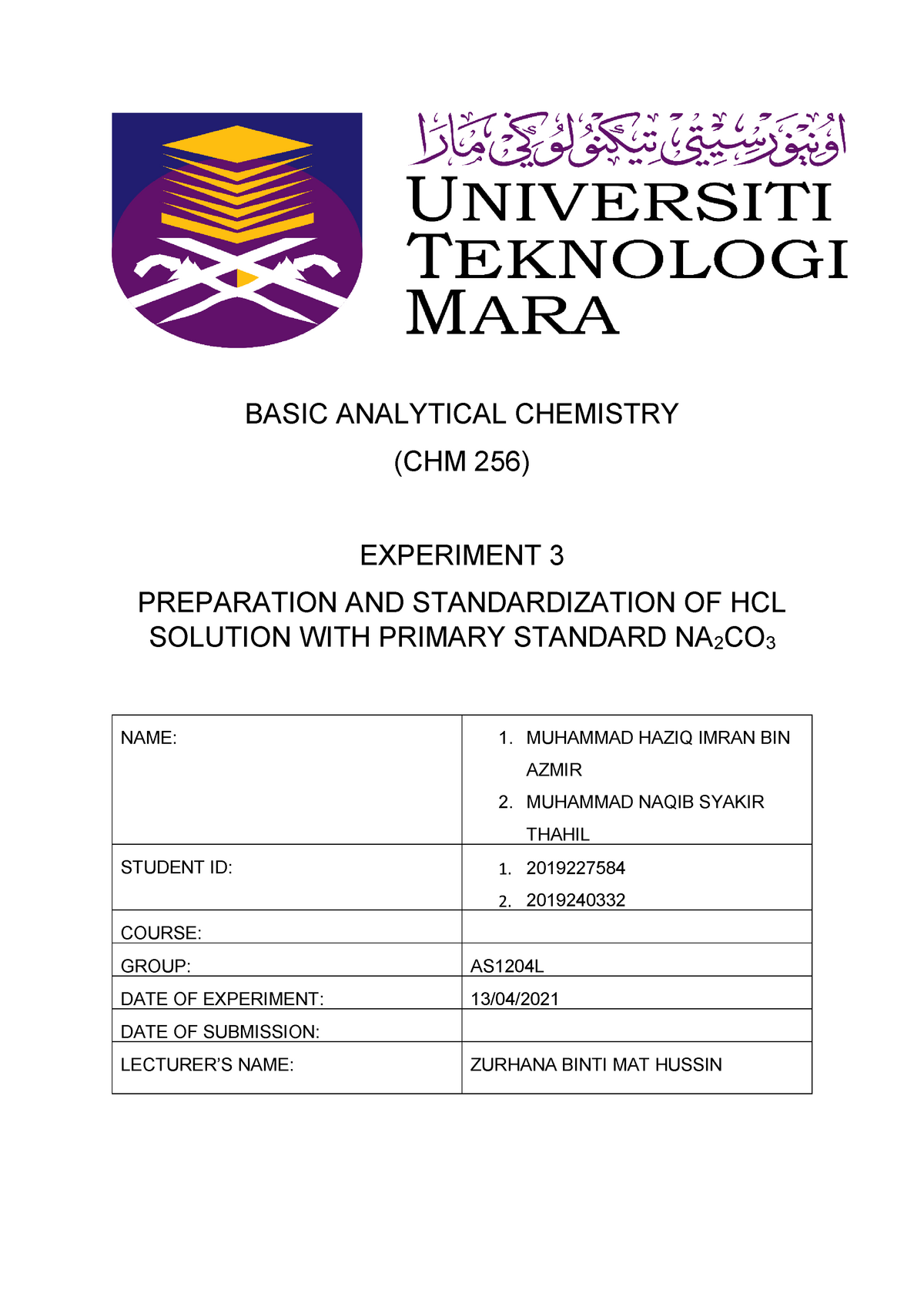 LAB Report 1 CHM256 - Lab - BASIC ANALYTICAL CHEMISTRY (CHM 256 ...