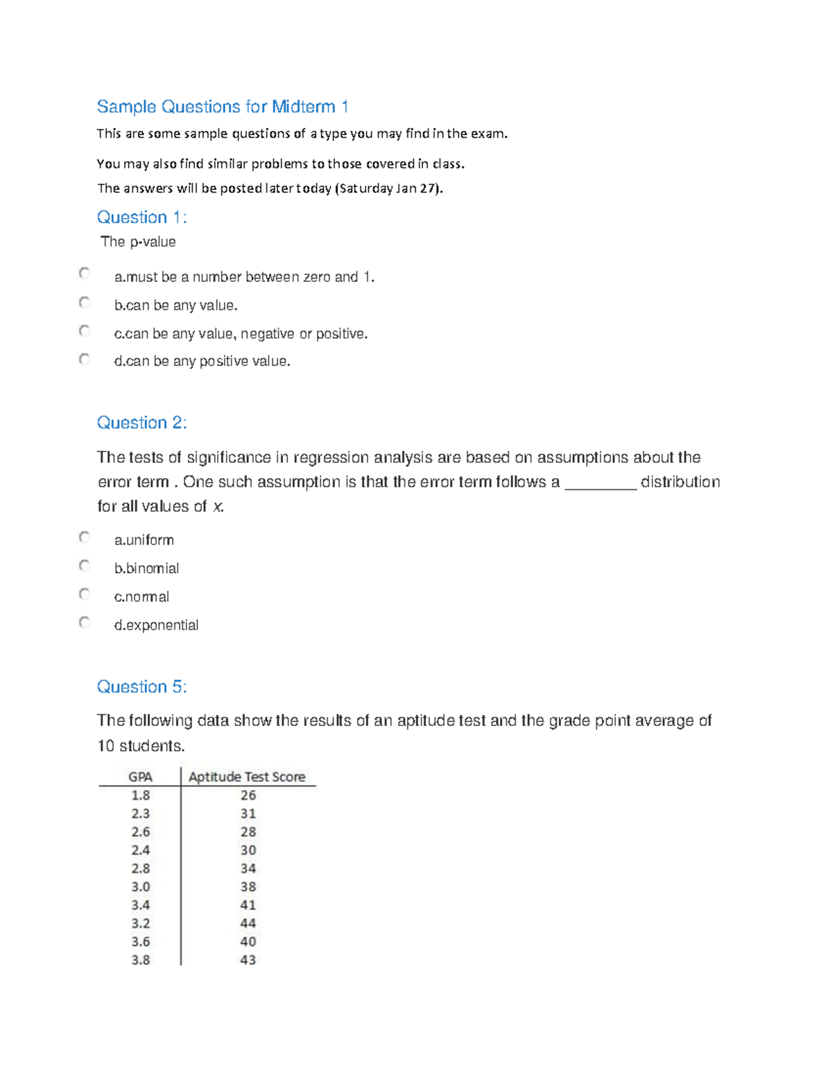 Midterm 1, questions - Sample Questions for Midterm 1 This are some ...