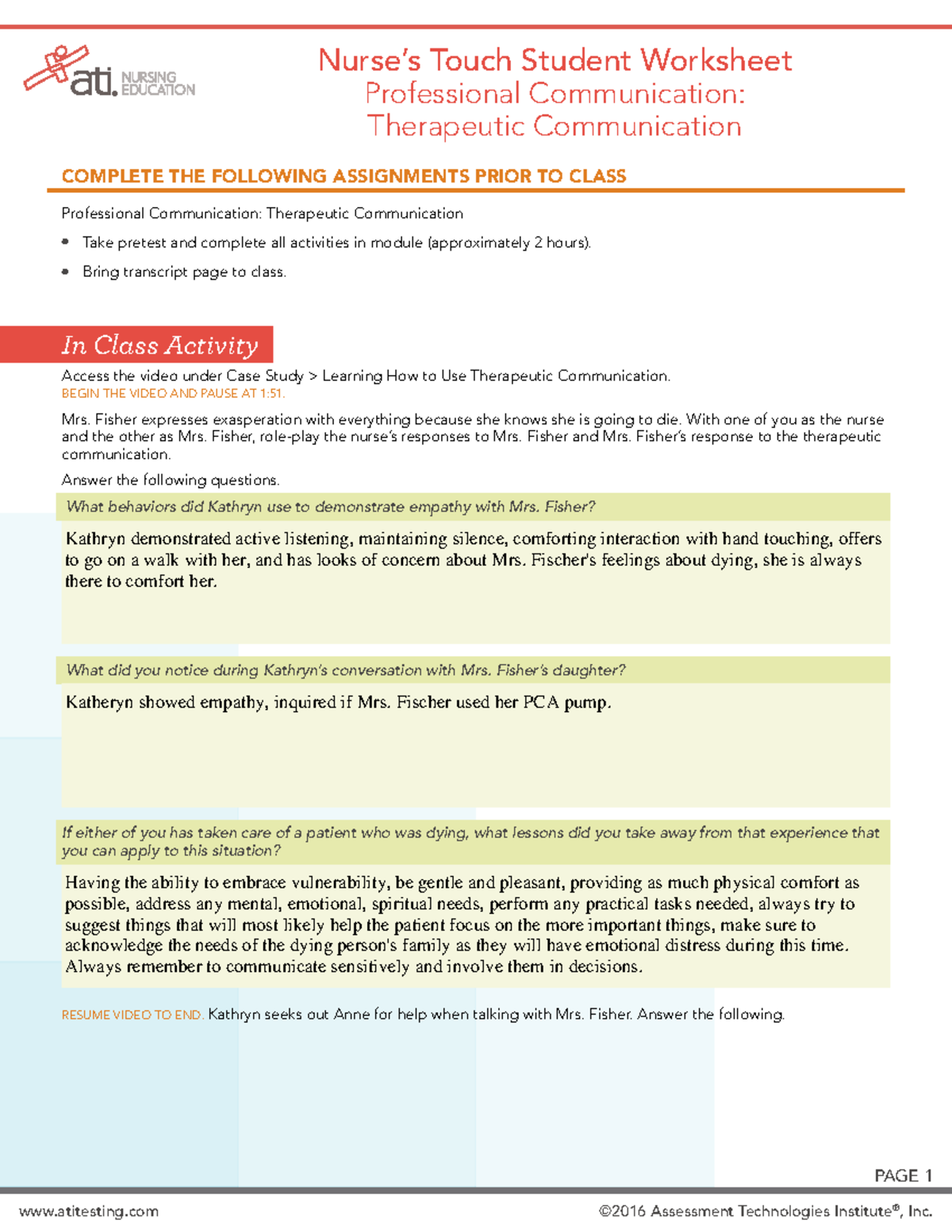 Therapeutic Communication Worksheet - EDUCATOR IMPLEMENTATION GUIDE ...
