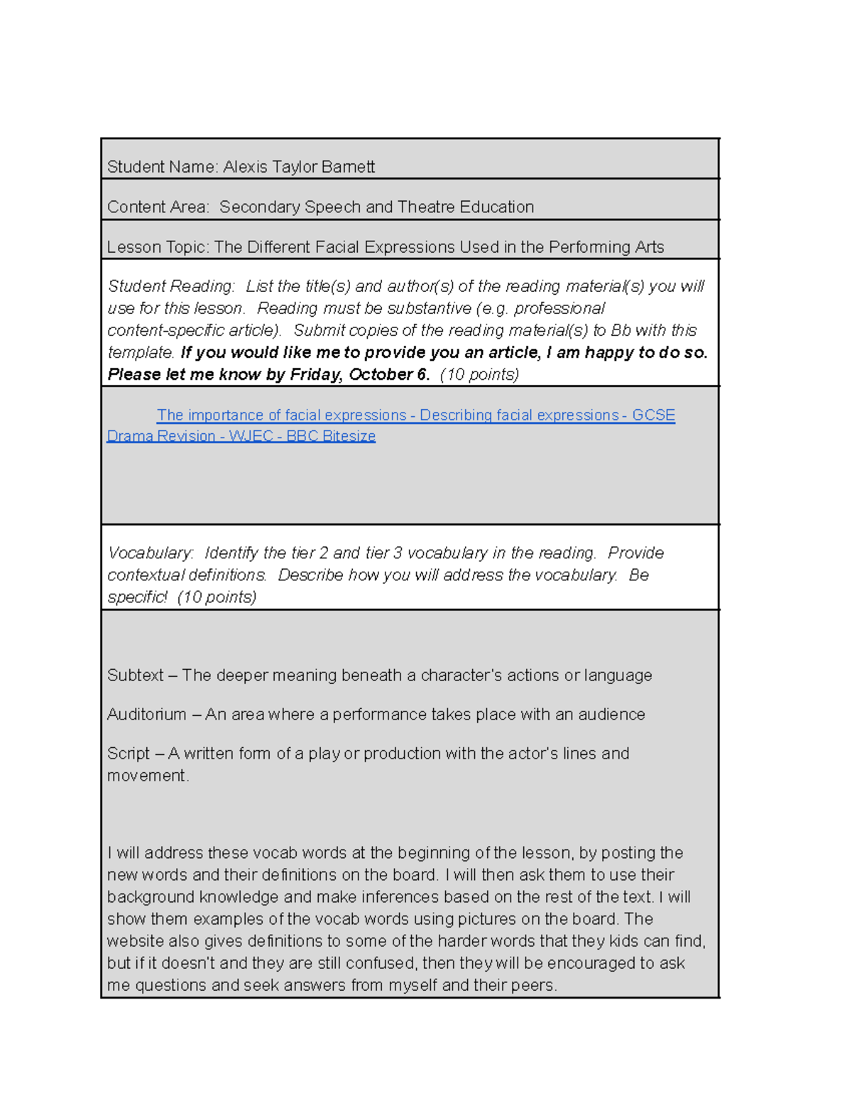 EDUC 422 - A practice lesson plan for speech and theatre education ...