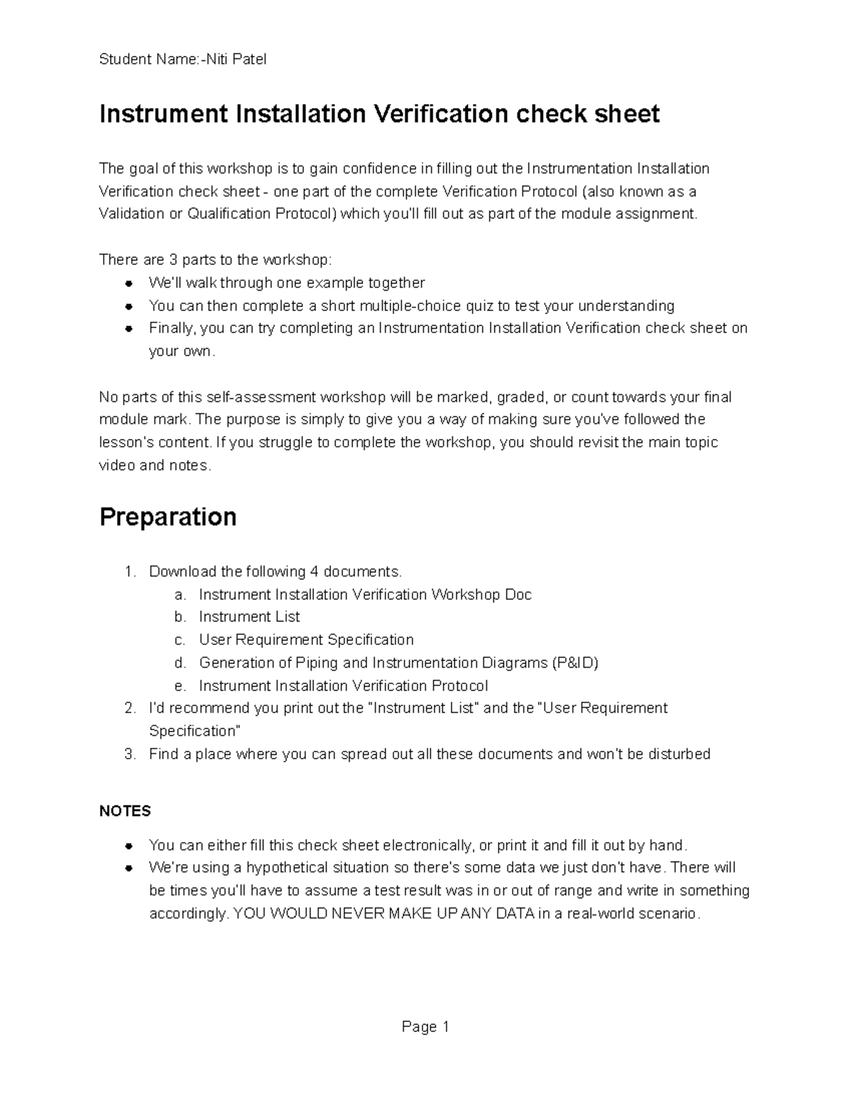 Instrument Installation Verification Instrument Installation