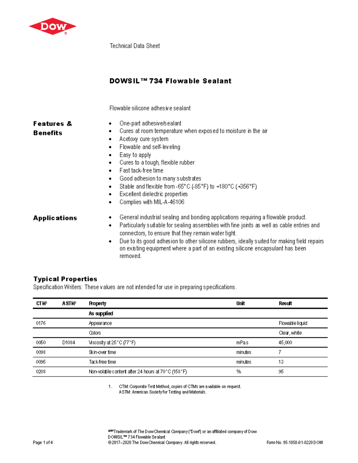 95 1058 01 dowsil 734 flowable sealant - Technical Data Sheet DOWSIL ...