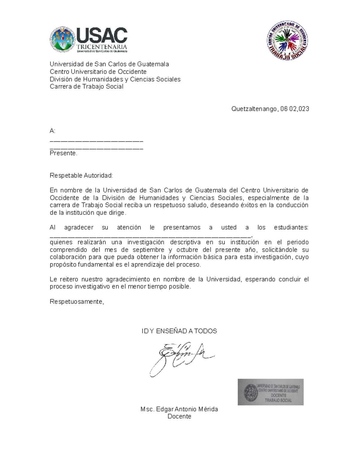 Carta de presentacion Universidad de San Carlos de Guatemala Centro