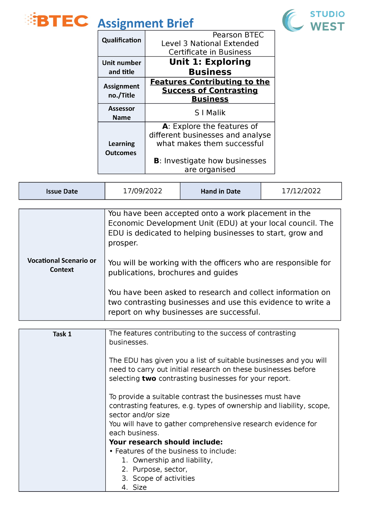 Unit 1 Assignment Brief Learning Aims A And B - Qualification Pearson ...