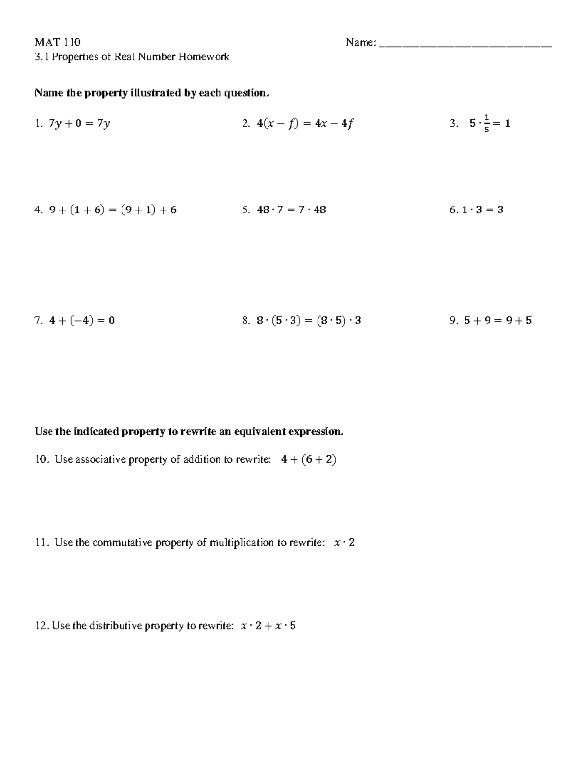 3. HW Properties of Numbers Sp 2023 - MAT 110 Name ...