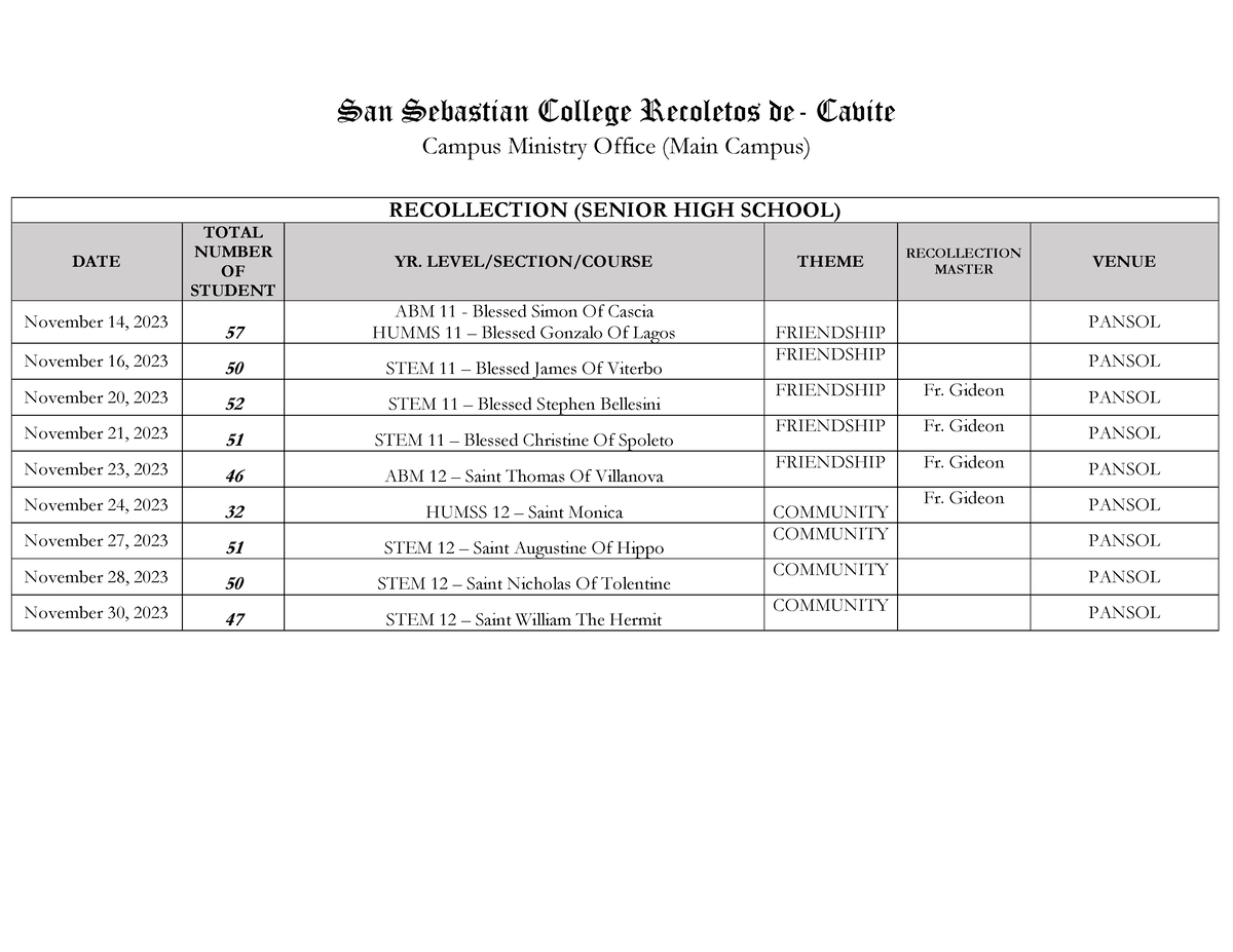 Recollection Schedule College 2023 2024 - San Sebastian College ...