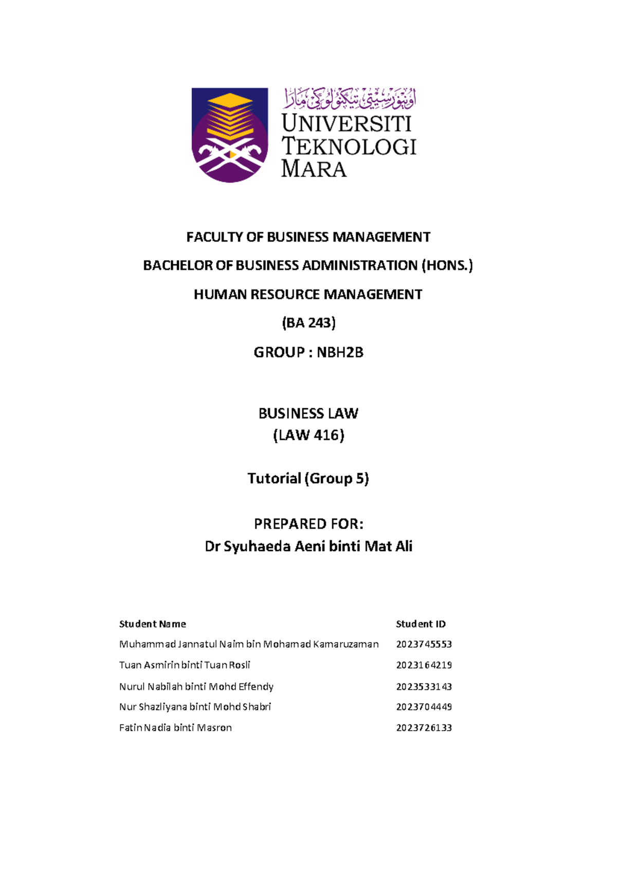 Group 5 LAW 416 - law 416 - FACULTY OF BUSINESS MANAGEMENT BACHELOR OF ...