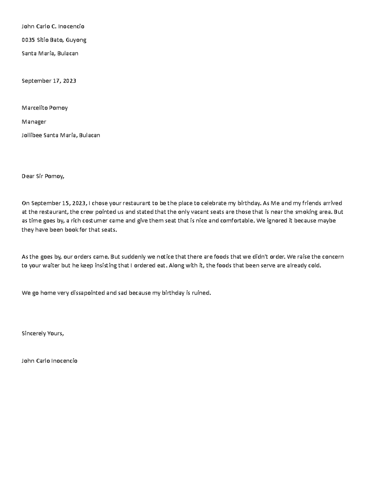 Complaint Letter - John Carlo C. Inocencio 0035 Sitio Bato, Guyong ...