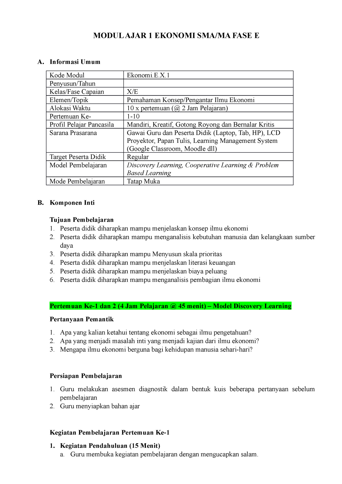 IPS Ekonomi SMA Kelas X - Modul AJAR 1 - MODUL AJAR 1 EKONOMI SMA/MA ...