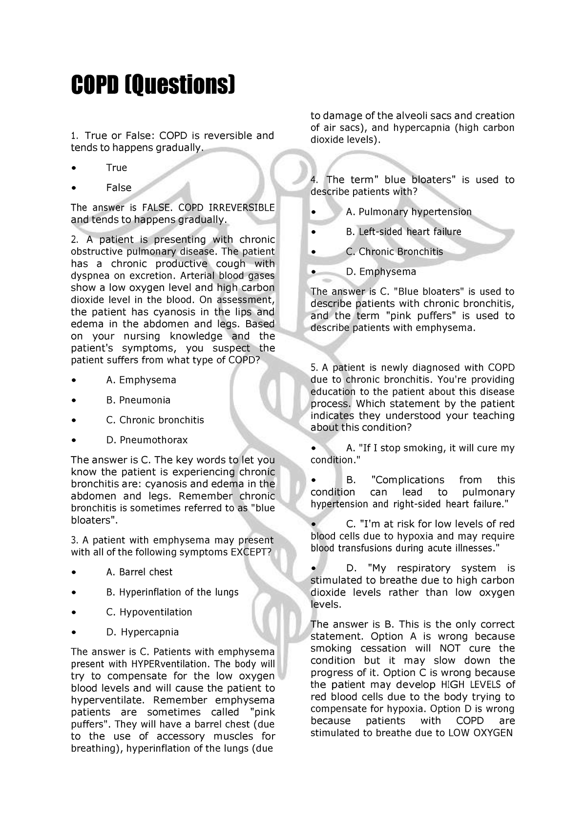 P1 Study Guide MS 3 - Bsn - COPD (Questions) True Or False: COPD Is ...