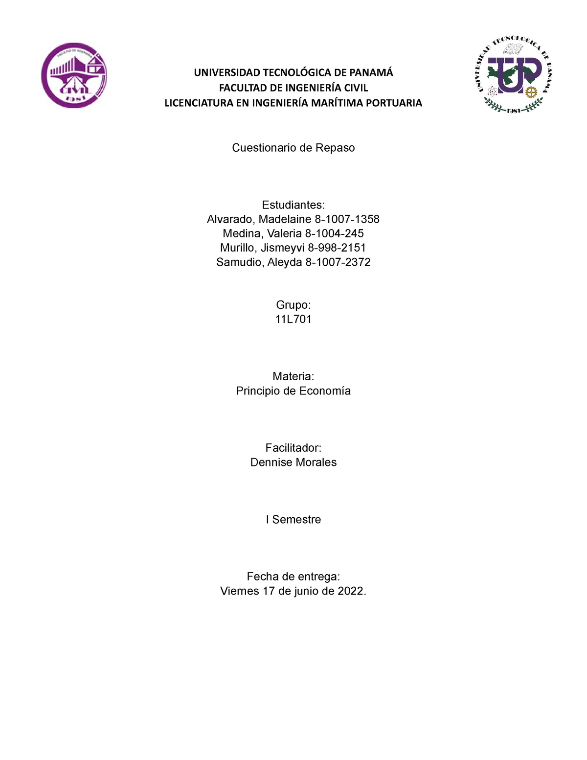 Cuestionario De Repaso Universidad TecnolÓgica De PanamÁ Facultad De IngenierÍa Civil 6538