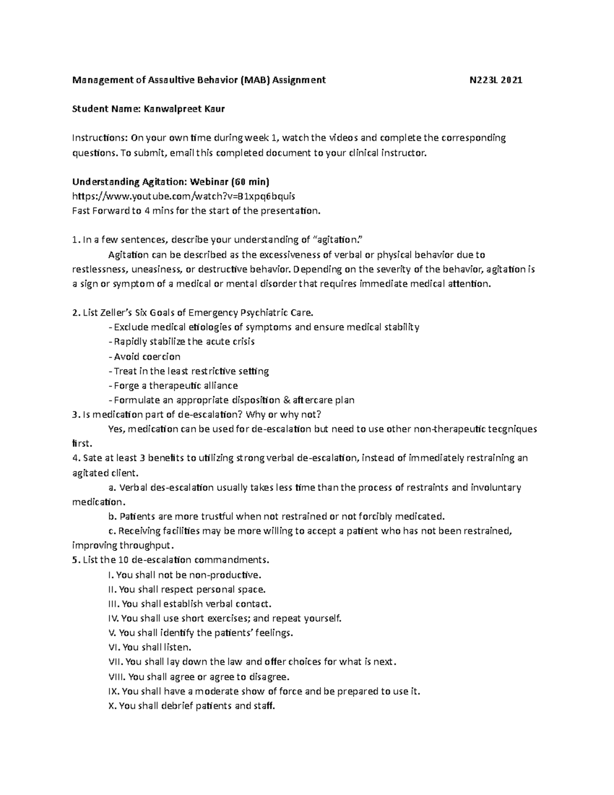 MAB 2021 for the first week assignment Management of Assaultive