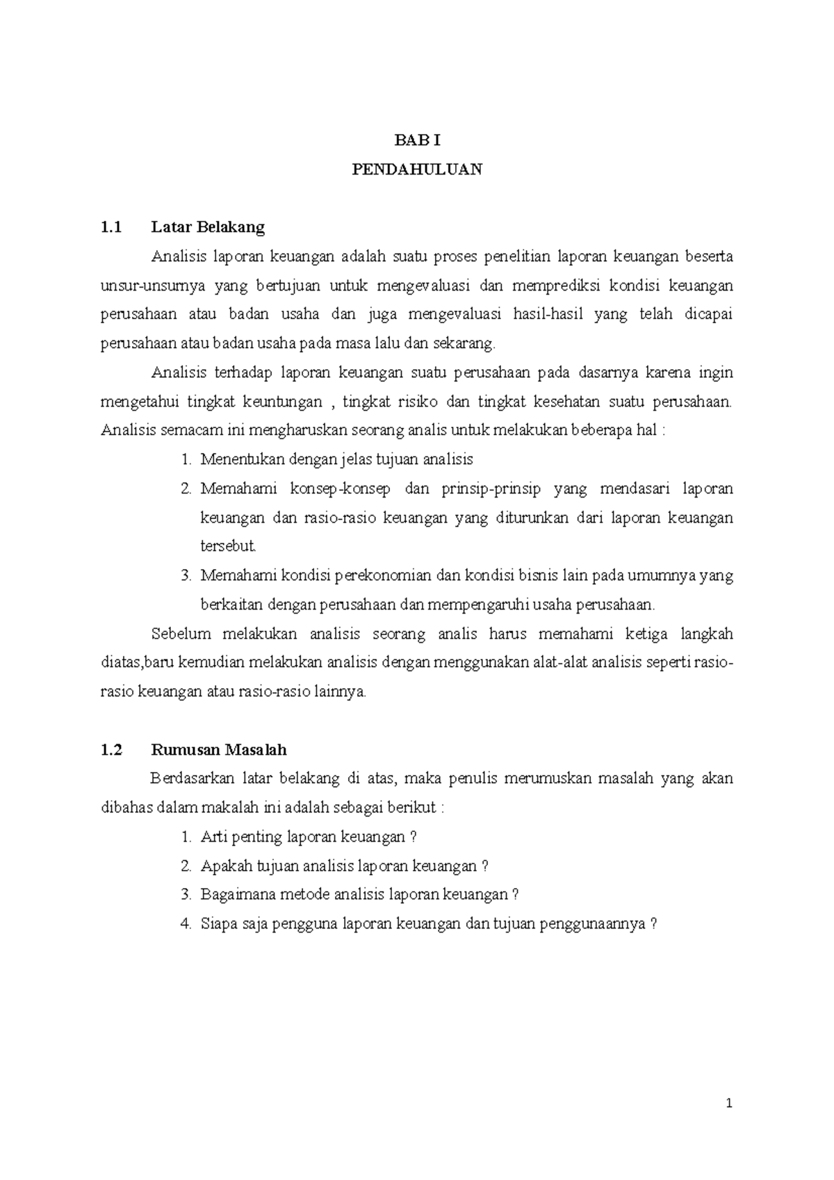 Makalah Analisis Laporan Keuangan - BAB I PENDAHULUAN 1 Latar Belakang ...