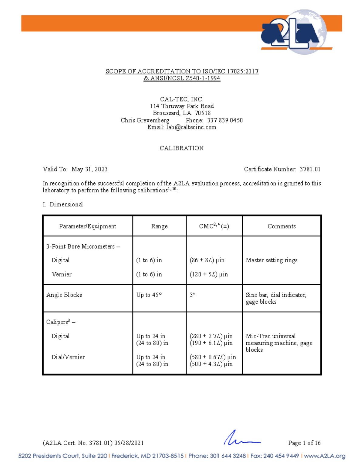 378101 metrologia SCOPE OF ACCREDITATION TO ISO/IEC 17025 & ANSI