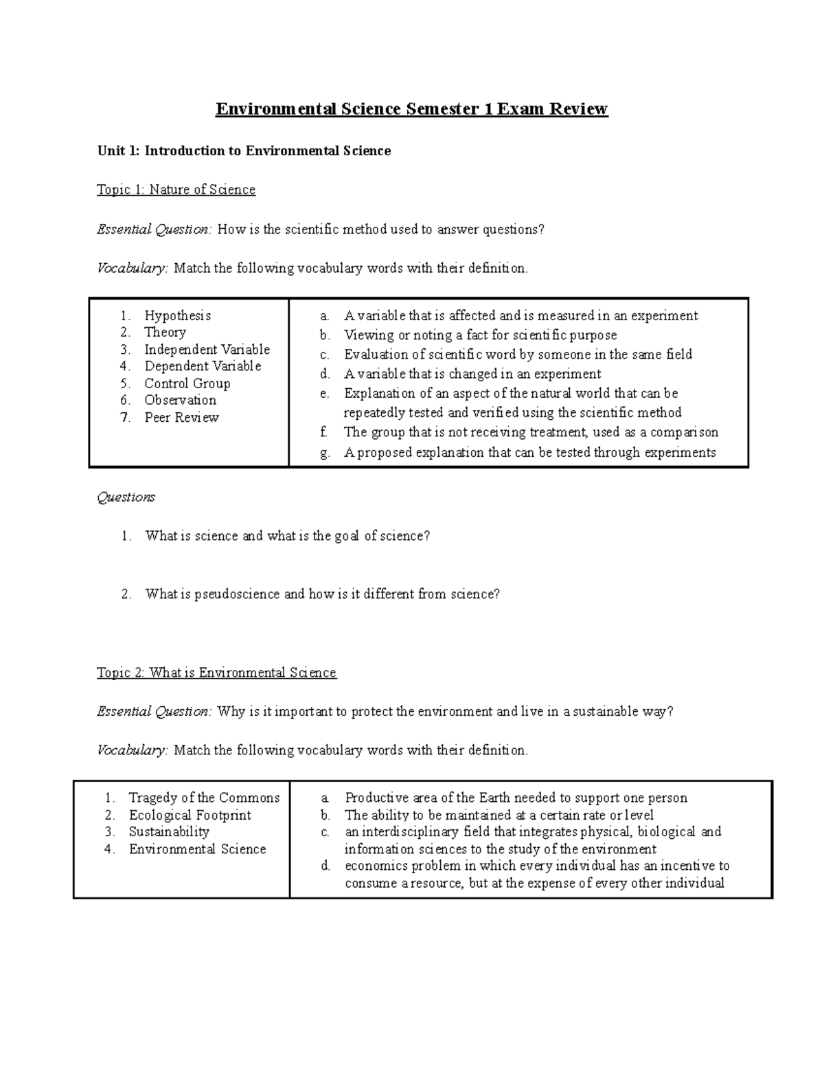 Semester One Review Environmental Science - Environmental Science ...