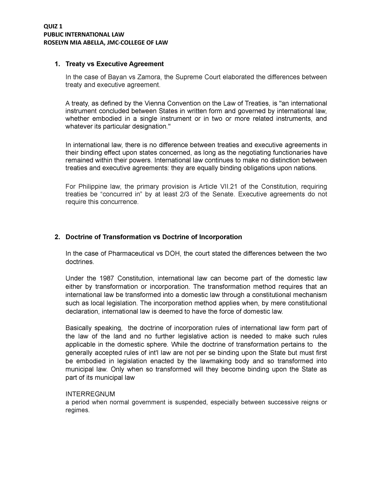 Treaty Vs Executive Agreement Quiz 1 Public International Law Roselyn Mia Abella Jmc College 9288