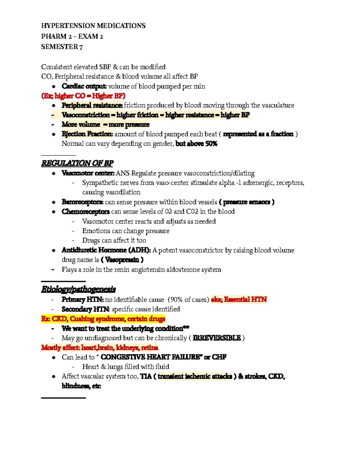 Hypertension meds - pharm exam 2 - PHARM 2 - EXAM 2 SEMESTER 7 ...