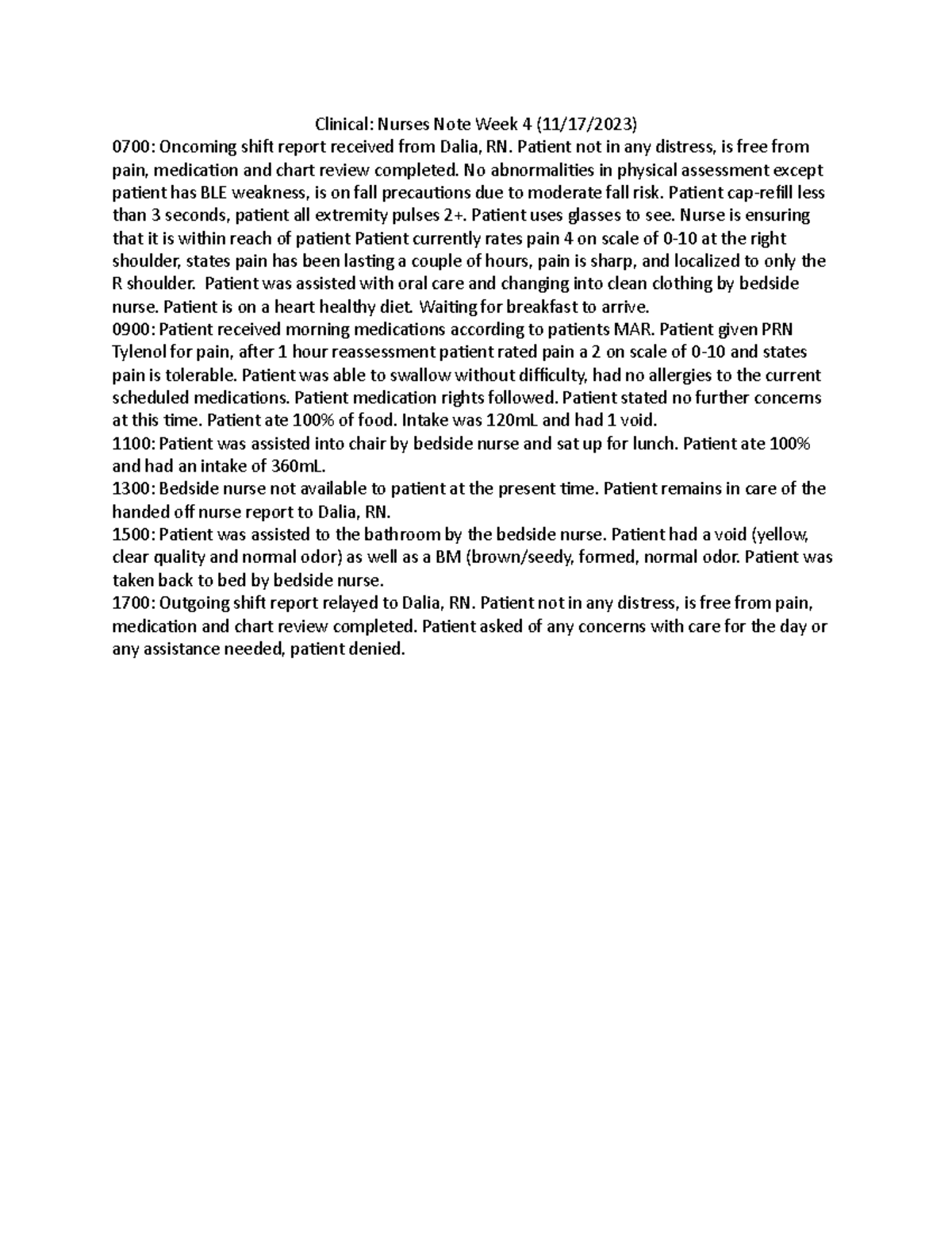 Week 4 Note - nursing notes week 4 - Clinical: Nurses Note Week 4 (11/1 ...