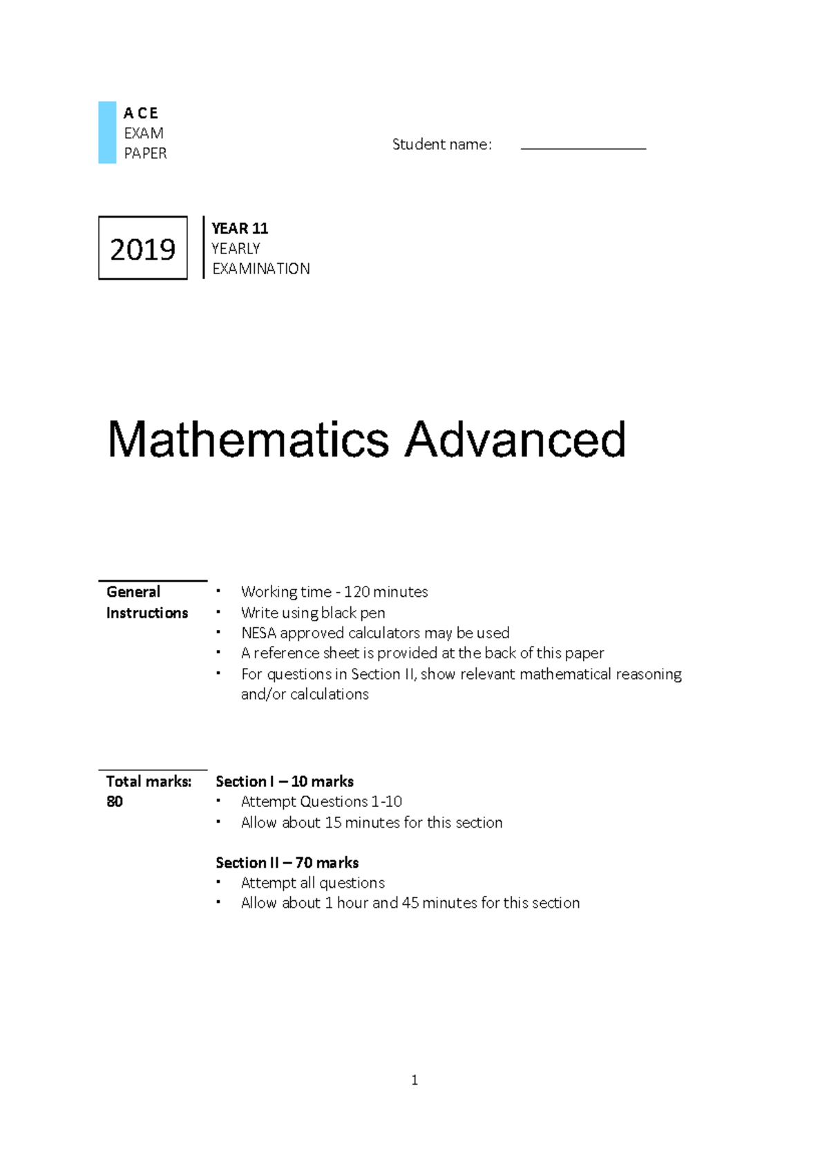 ACE 19YE11MAD Exam - Preliminary Mathematics Exam - A C E EXAM PAPER ...