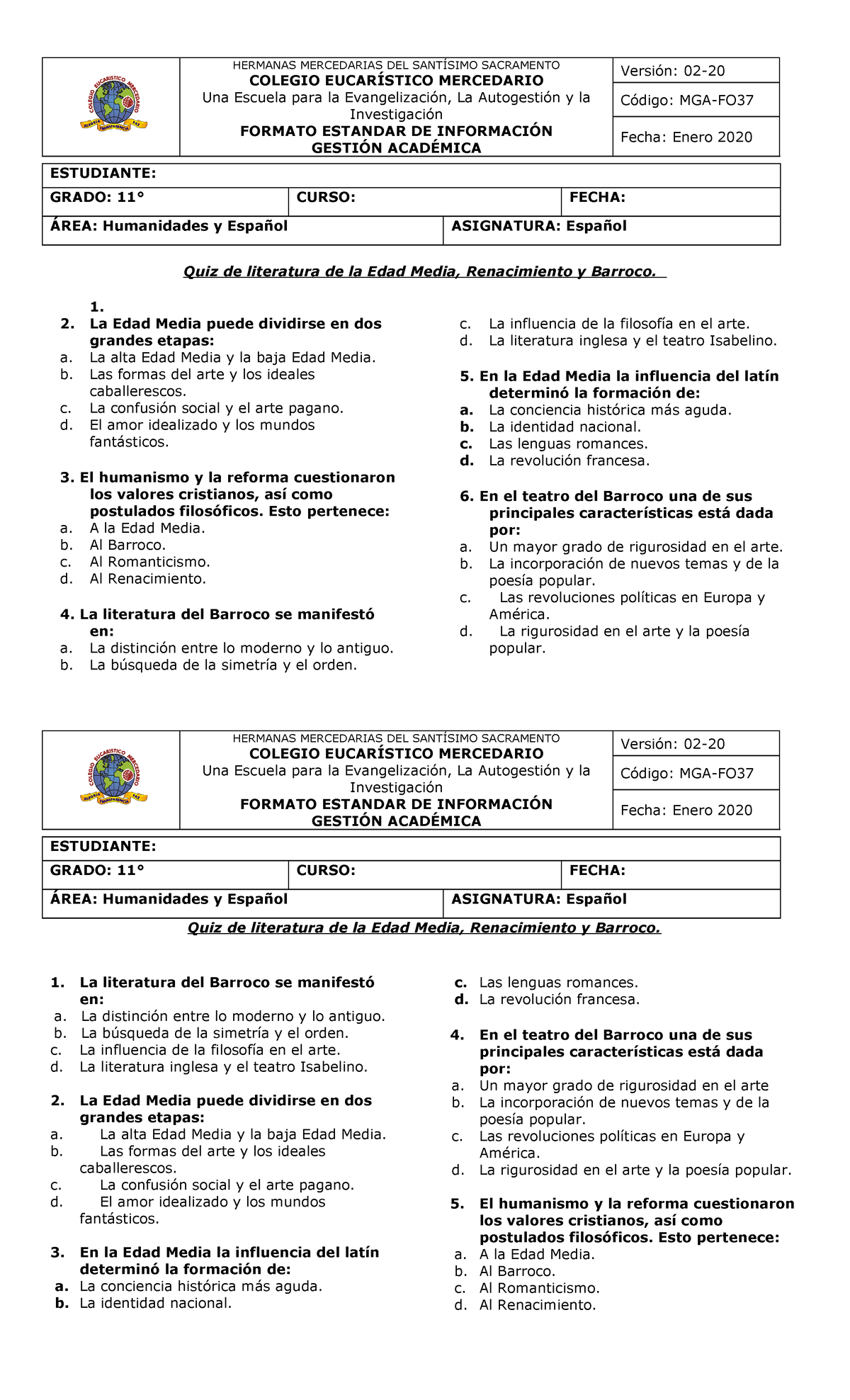 Quiz De Literatura De La Edad Media, Renacimiento Y Barroco 11° - 1. La ...