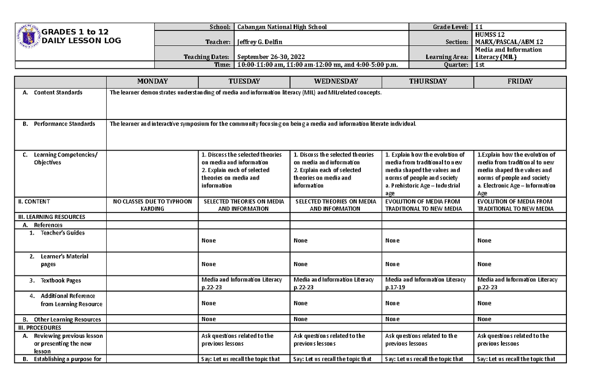 SHS DLL MIL September 26-30, 2022 - GRADES 1 to 12 DAILY LESSON LOG ...