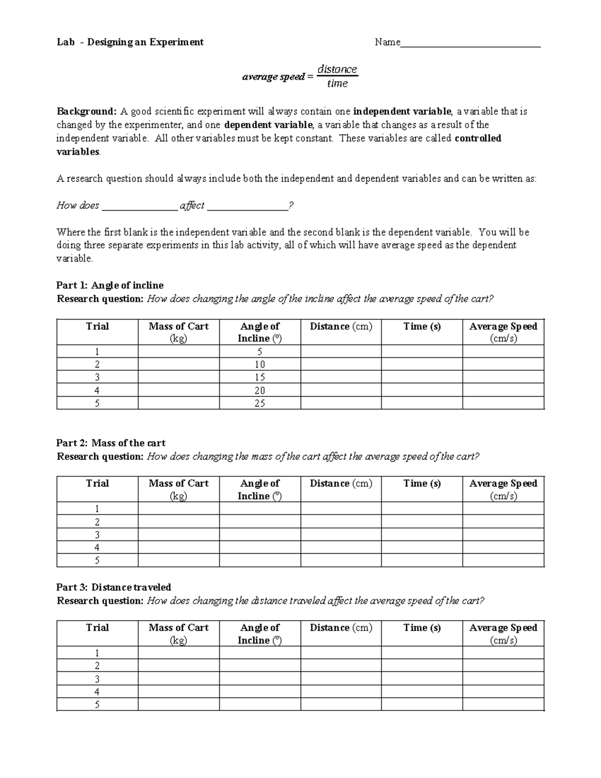 Lab - Designing an Experiment - All other variables must be kept ...