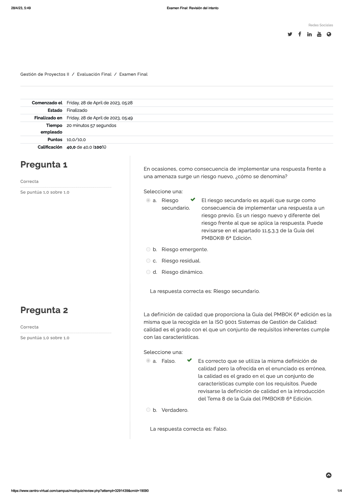 Examen Final Revisión Del Intento - Gestión De Proyectos II - ! ! - Studocu