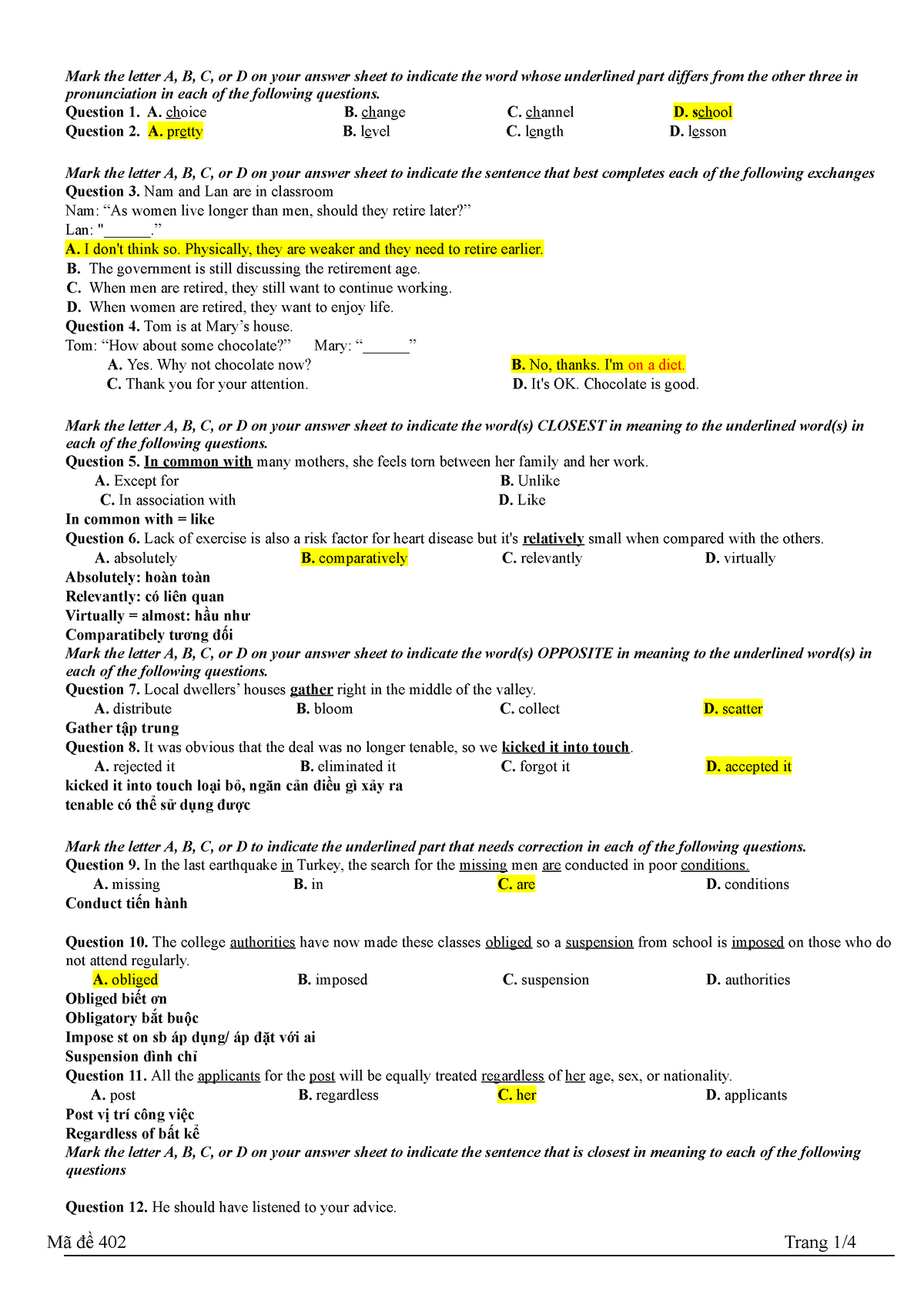 ĐỀ LIÊN TRƯỜNG NGHỆ AN-ĐỀ CHẴN - Mark the letter A, B, C, or D on your ...