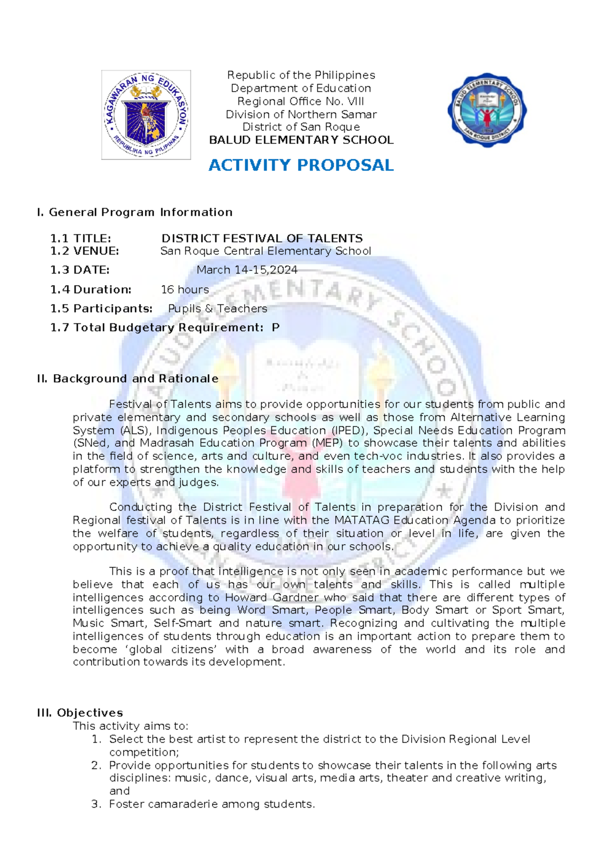 Activity Proposal District Festival of Talents - Republic of the ...
