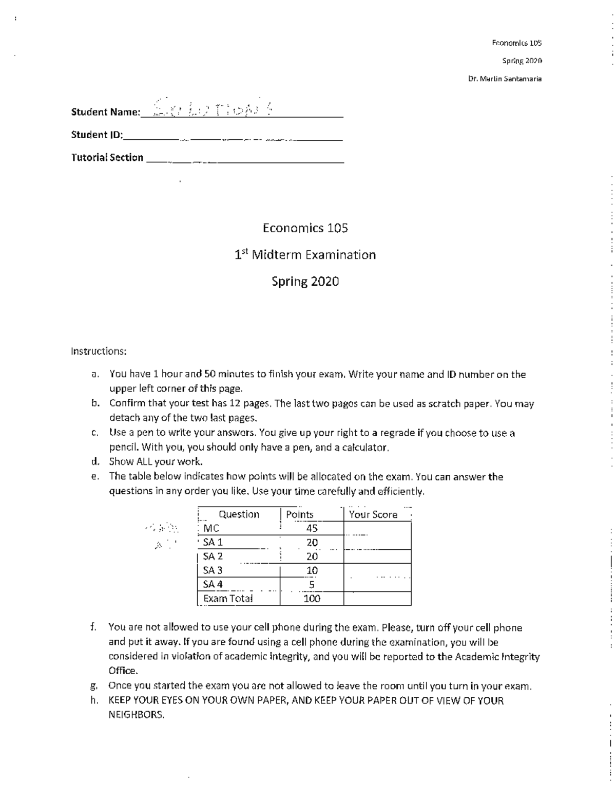 Midterm 1 28 February 2020, questions and answers - ECON 105 - Studocu