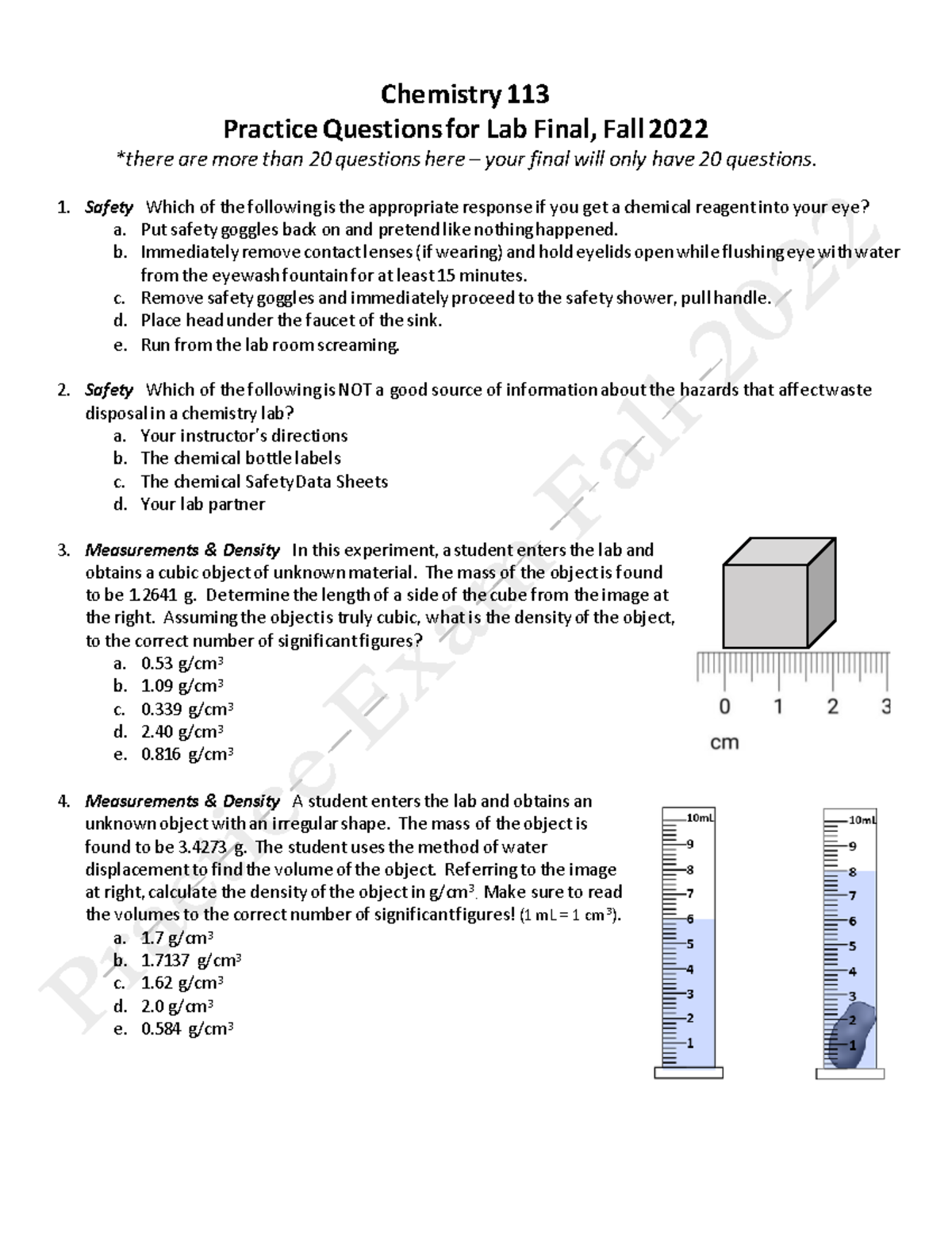 Chem lab final Chemistry 113 Practice Questions for Lab Final, Fall