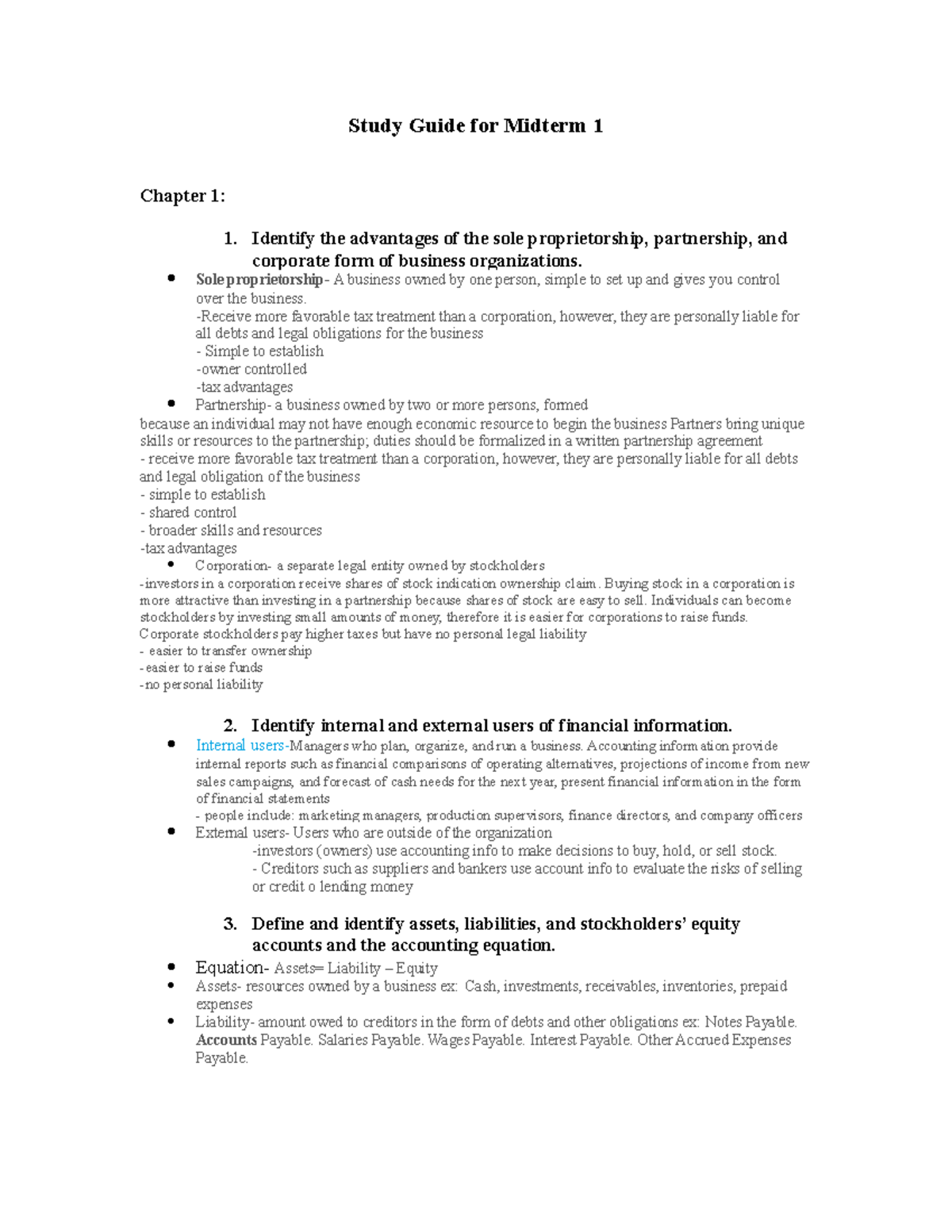 Study Guide Midterm 1 Spring 2019 - Study Guide For Midterm 1 Chapter 1 ...