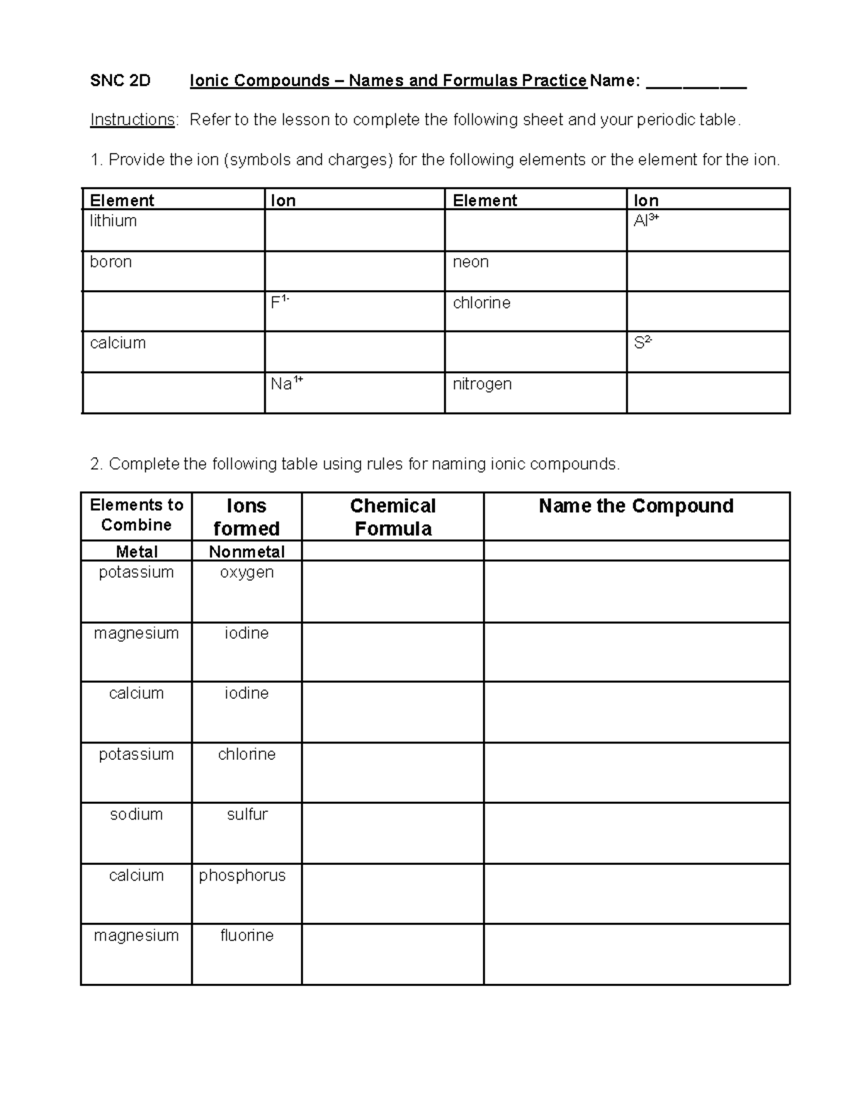 Chem02-Ionic Compounds-Worksheet 2 - SNC 2D Ionic Compounds – Names and ...