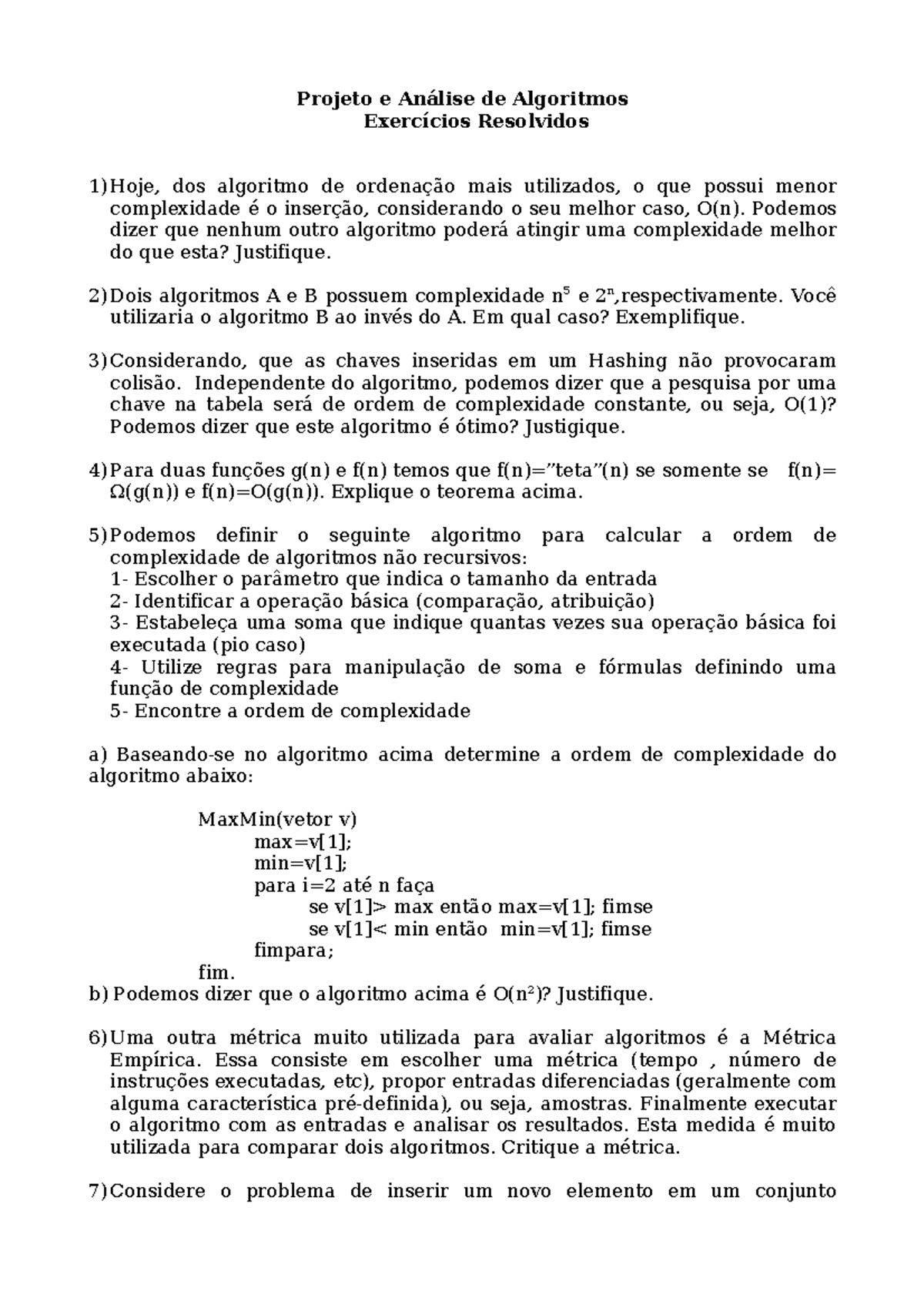 Execicios paa - Projeto e Análise de Algoritmos Exercícios Resolvidos 1 ...