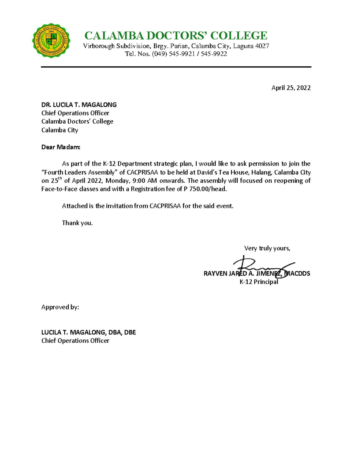 Cacprisaa Assembly - Sample Invitation letter - CALAMBA DOCTORS ...