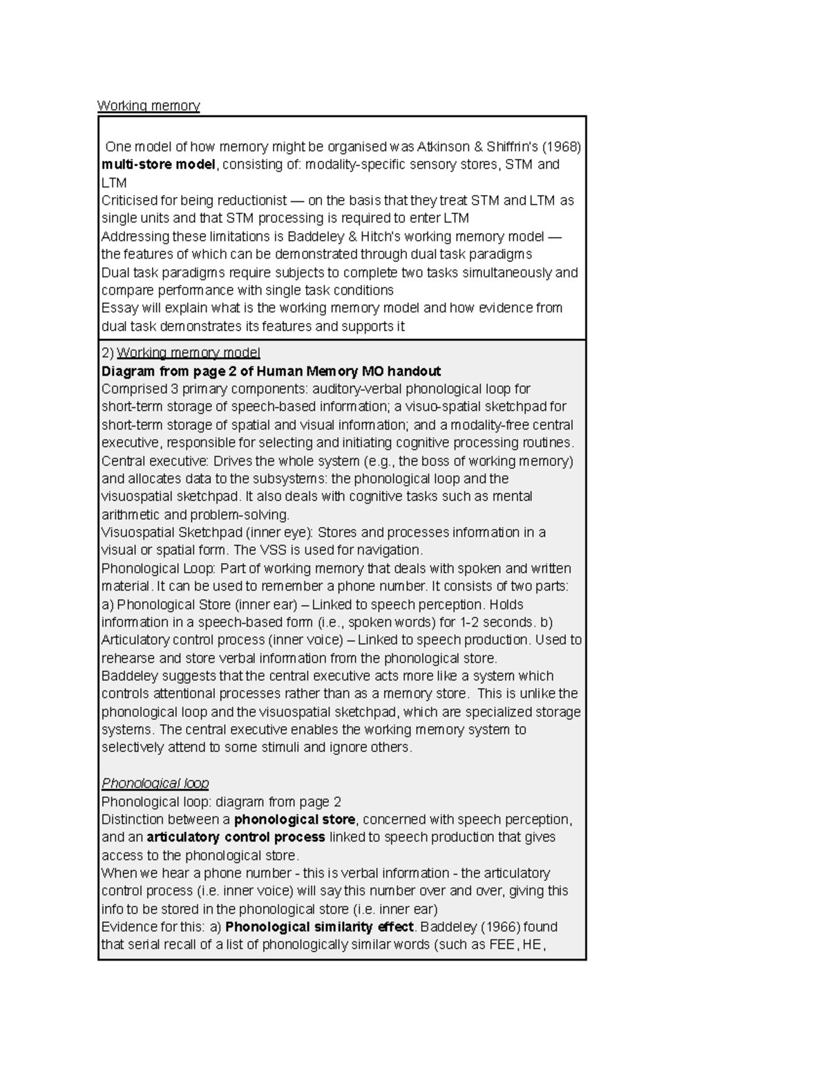 3 - Working memory - This is a summary of a topic that I had to revise ...