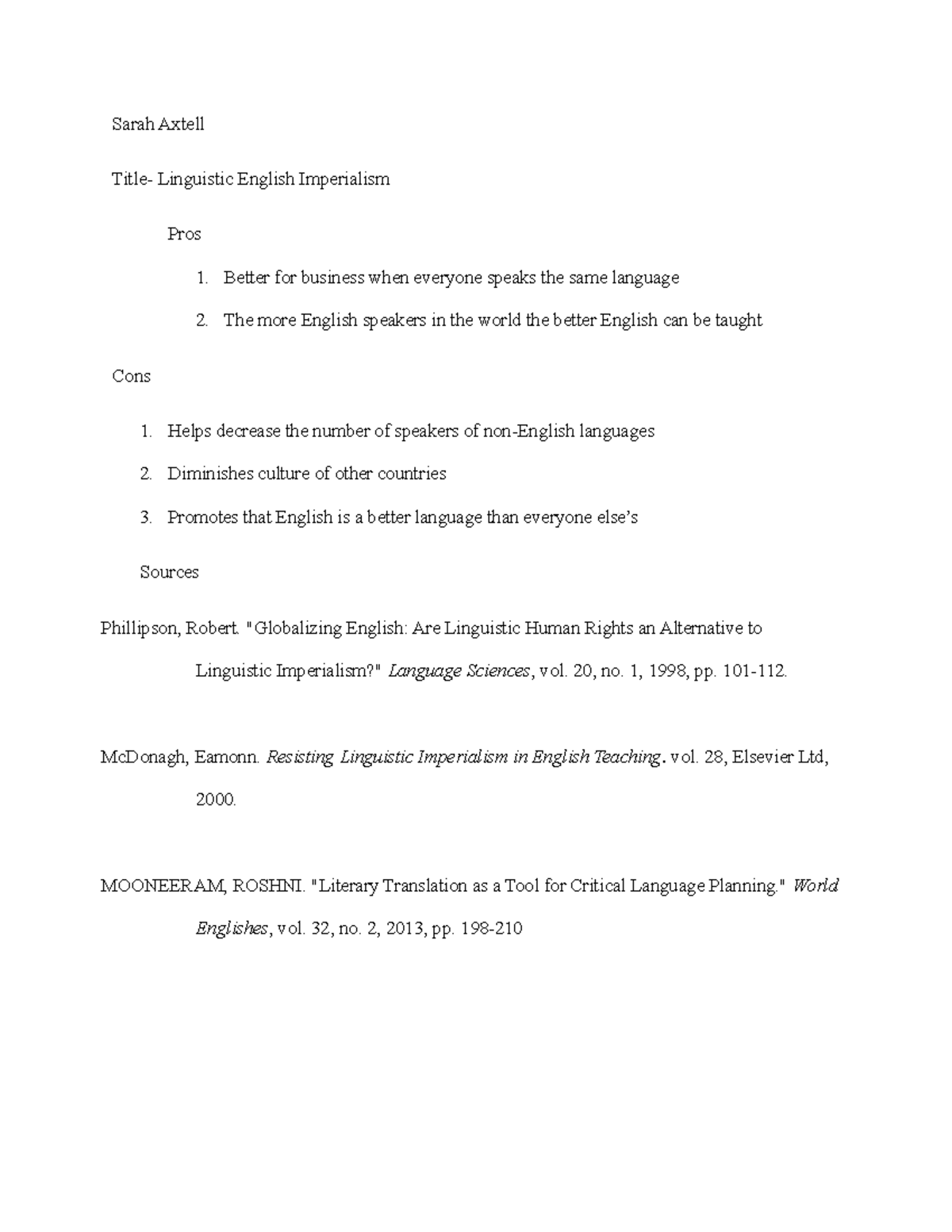 Linguistics print - outline for the final paper - Sarah Axtell Title ...